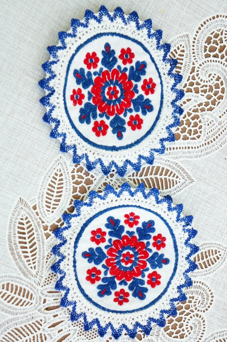 Vintage German Embroidered Doily Coasters Retro Peasant Mid Century Cottagecore