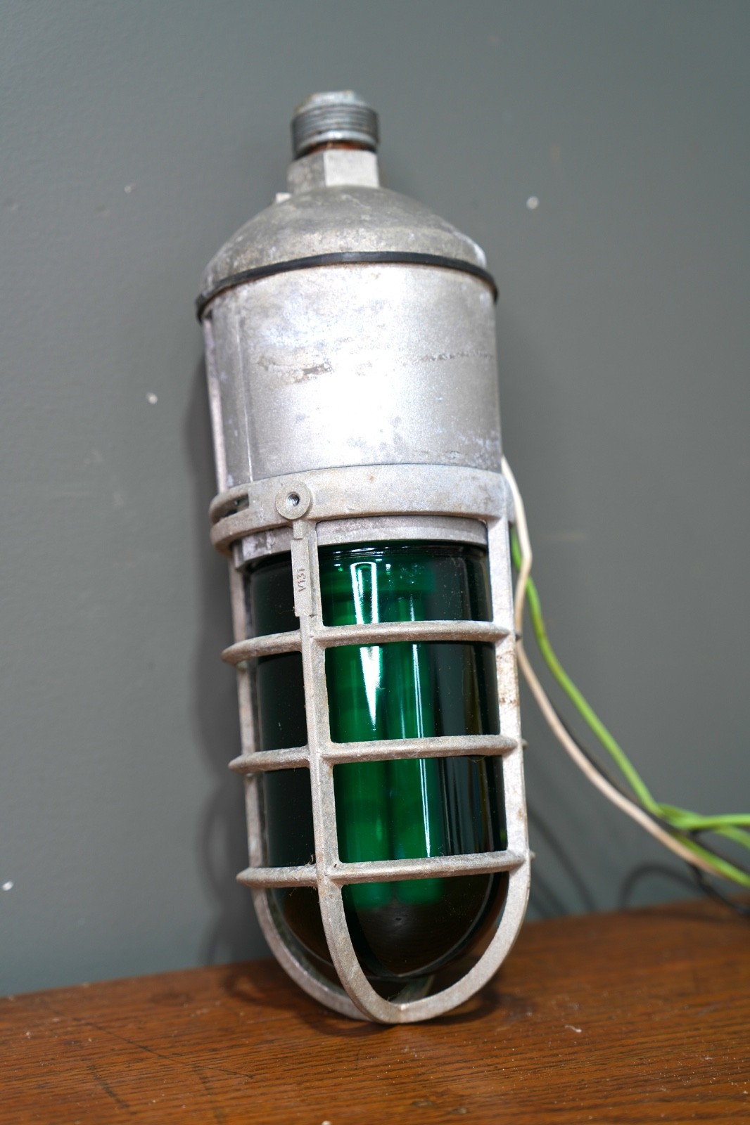 Vintage INDUSTRIAL EXPLOSION PROOF LIGHT Green Glass Lens Globe Steampunk cage