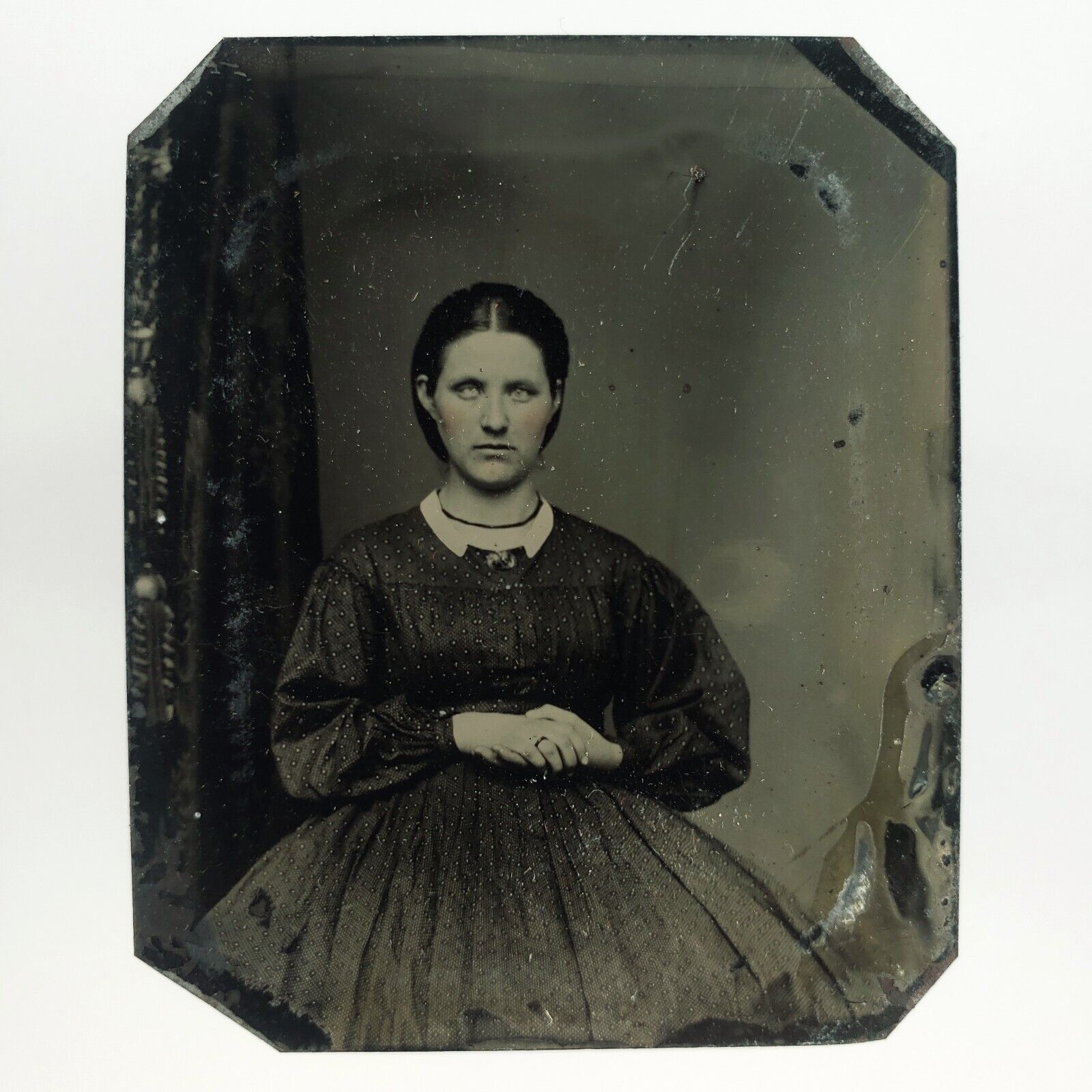 Pretty Woman Holding Waist Tintype c1870 Antique 1/9 Plate Victorian Photo E717