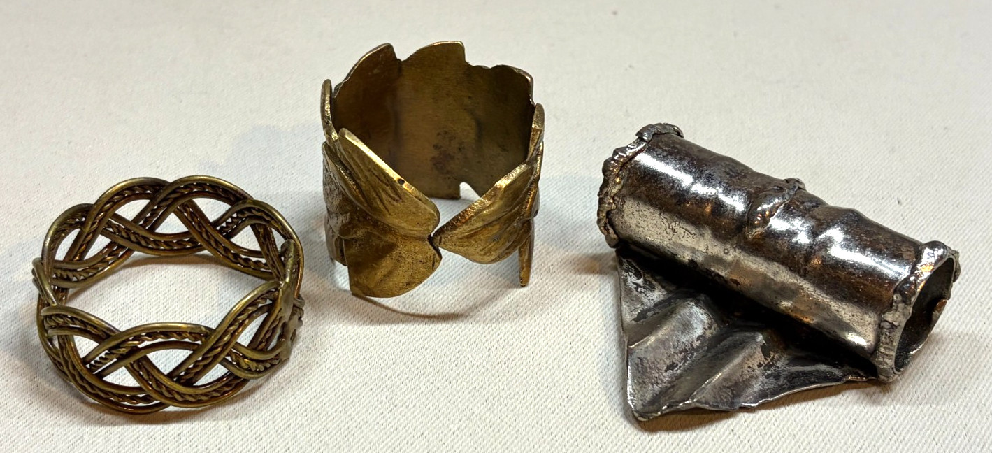 Lot of 3 Vintage Mid Century Napkin Rings Brass Woven Leaf Brutalist Silver