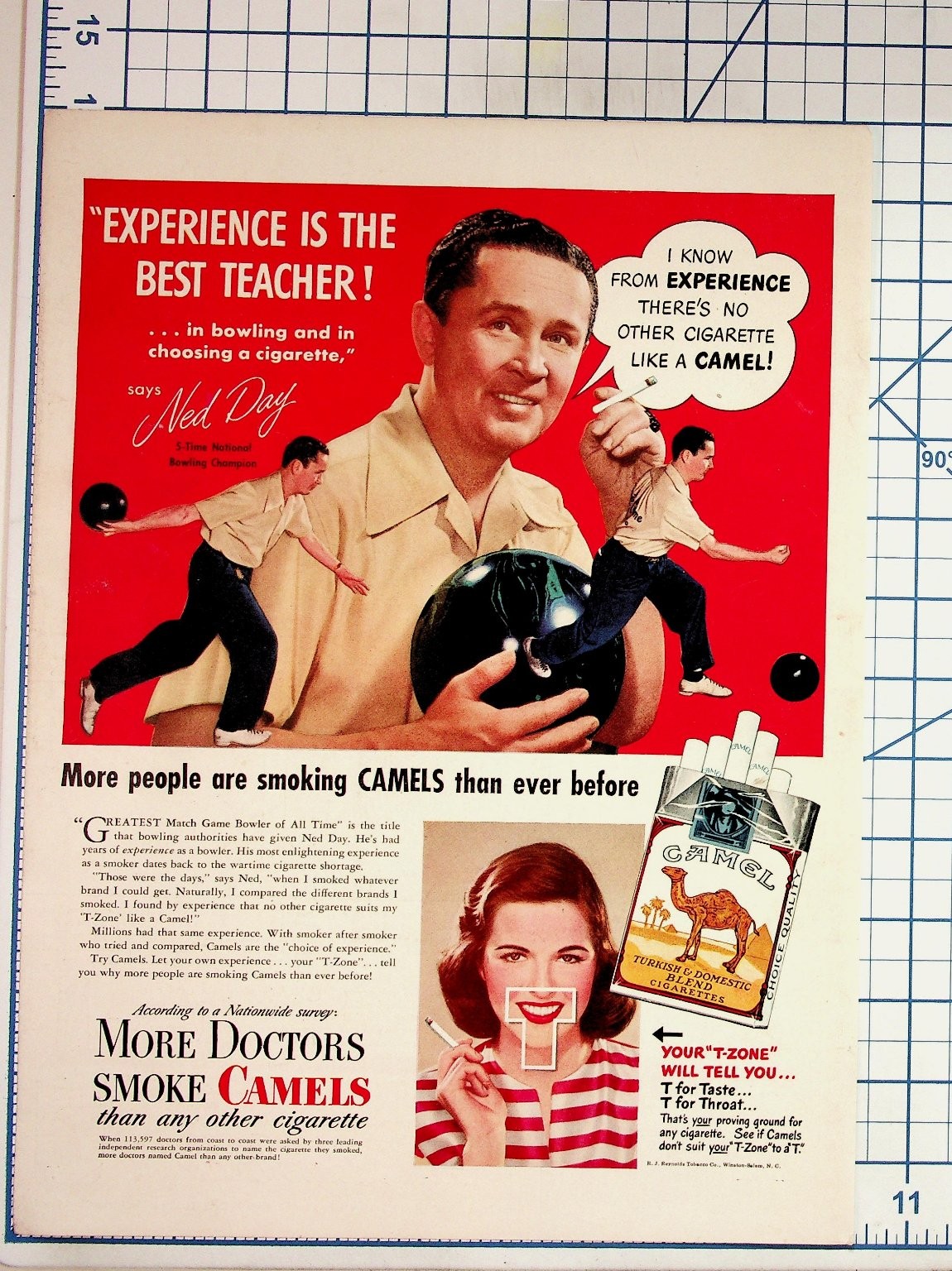1940s Camel Cigarettes Ad Ned Day Bowling Doctors T-Zone Vintage Print 1940s Camel Cigarettes Ad Ned Day Bowling Doctors T-Zone Vintage Print