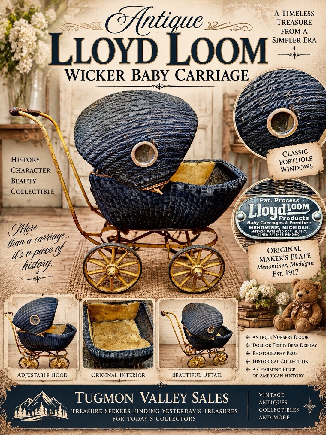 Antique 1917 Patent Lloyd Loom Wicker Baby Carriage Pram Buggy Menominee MI Antique 1917 Patent Lloyd Loom Wicker Baby Carriage Pram Buggy Menominee MI