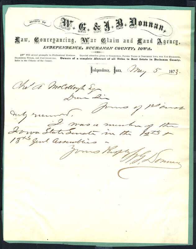 WILLIAM G. DONNAN - AUTOGRAPH NOTE SIGNED 05/05/1873
