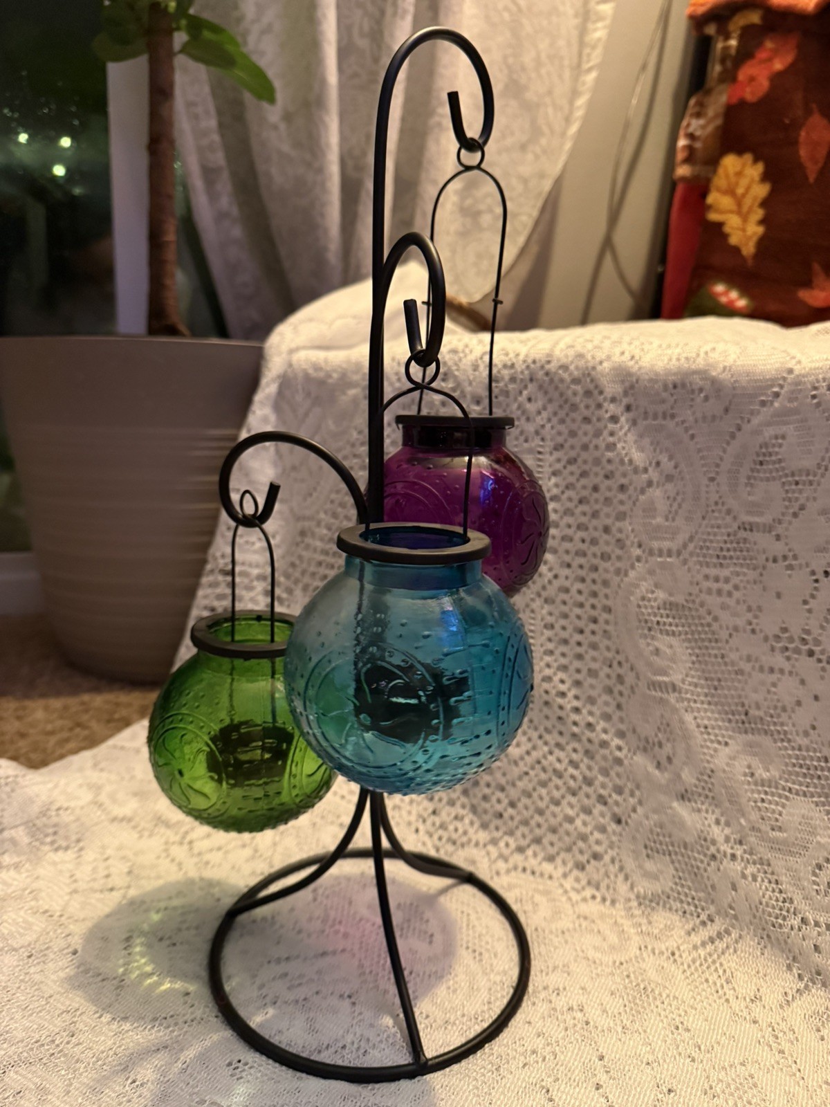 Vintage Pier 1 Imports 3 Glass Tealight Candle Holders Metal Stand