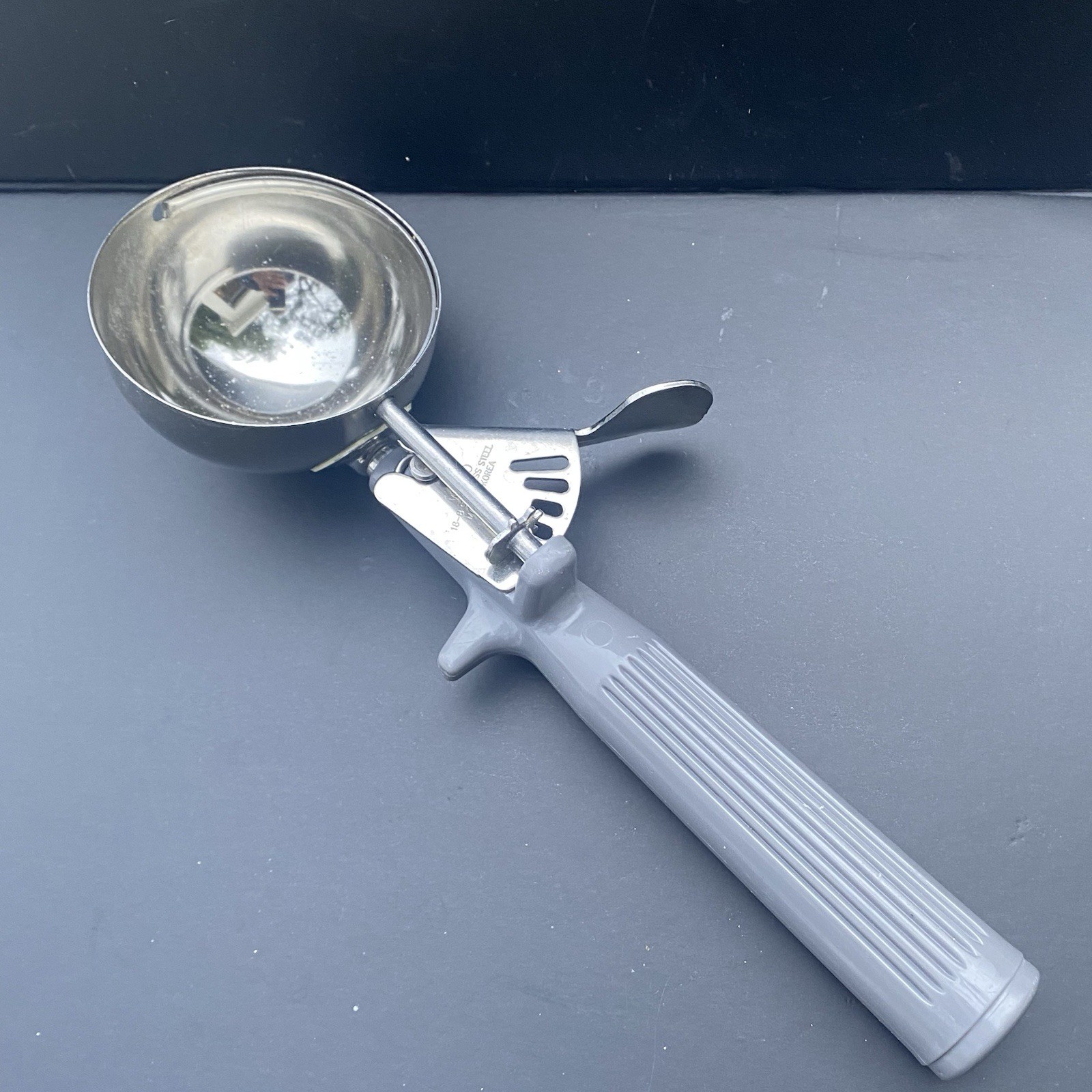 Ice Cream Scooper Vintage Winco Stainless Steel Manual Thumb Release-Grey Handle Ice Cream Scooper Vintage Winco Stainless Steel Manual Thumb Release-Grey Handle