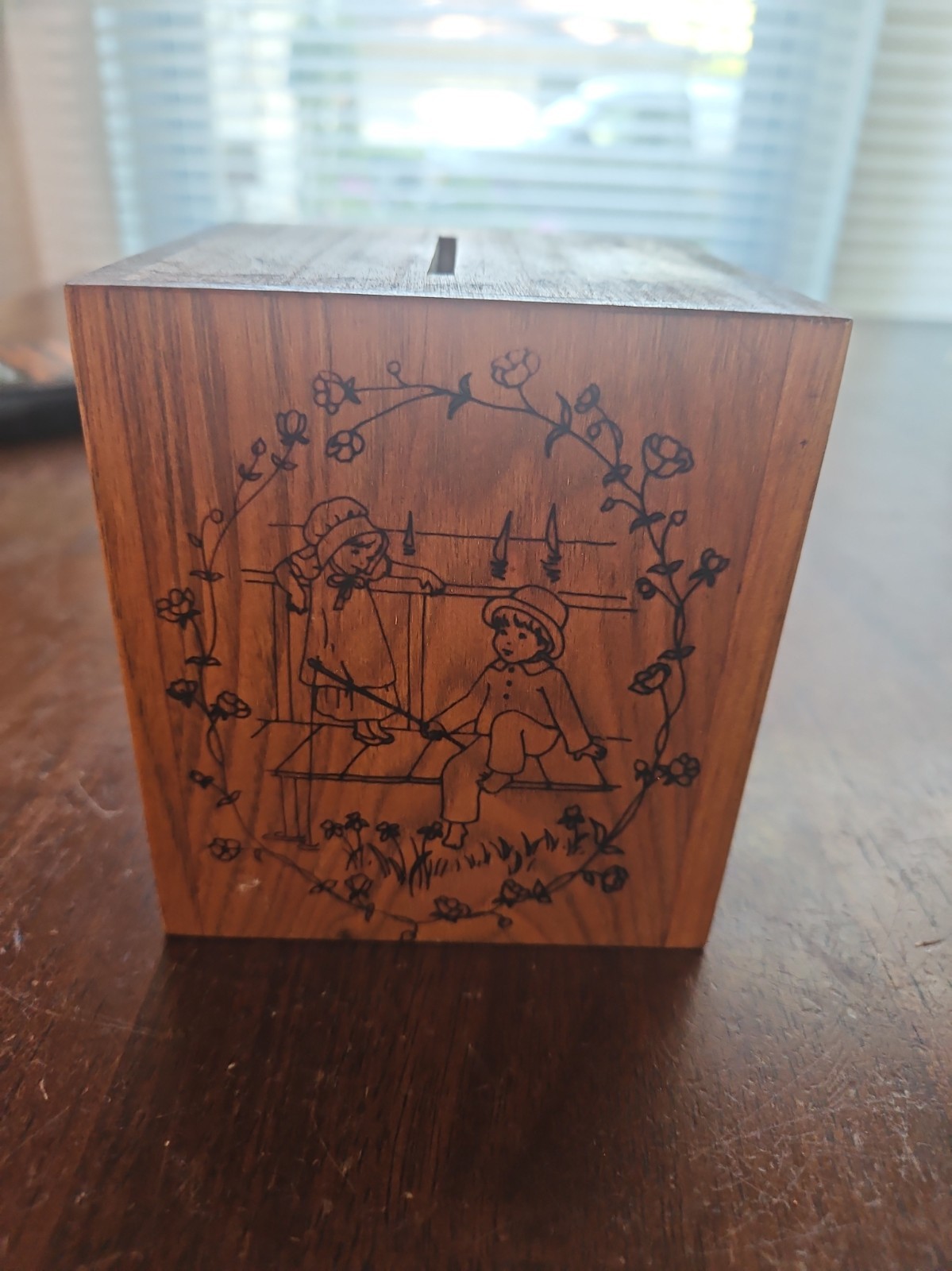 Vintage 1979 Toystalgia Wooden Bank Music Box Pyrography Art Works Vintage 1979 Toystalgia Wooden Bank Music Box Pyrography Art Works