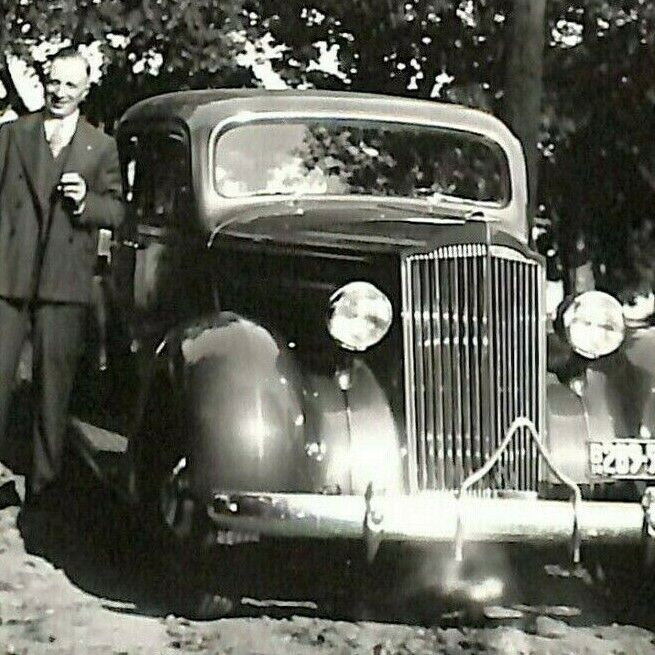 Original B&W Photo 1930\'s-40\'s - Happy Man Poses Outdoors Next to Automobile