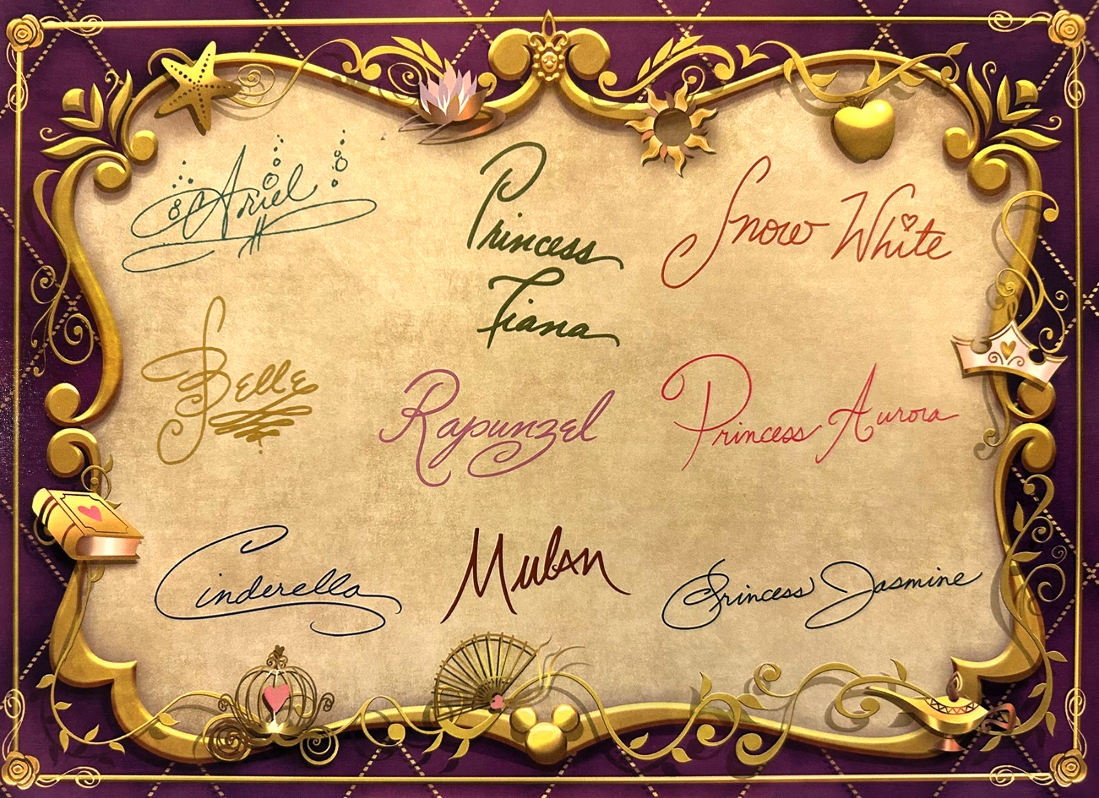 Ariel Belle Cinderella Tiana Rapunzel Mulan Snow White Autograph Card Akershus Ariel Belle Cinderella Tiana Rapunzel Mulan Snow White Autograph Card Akershus
