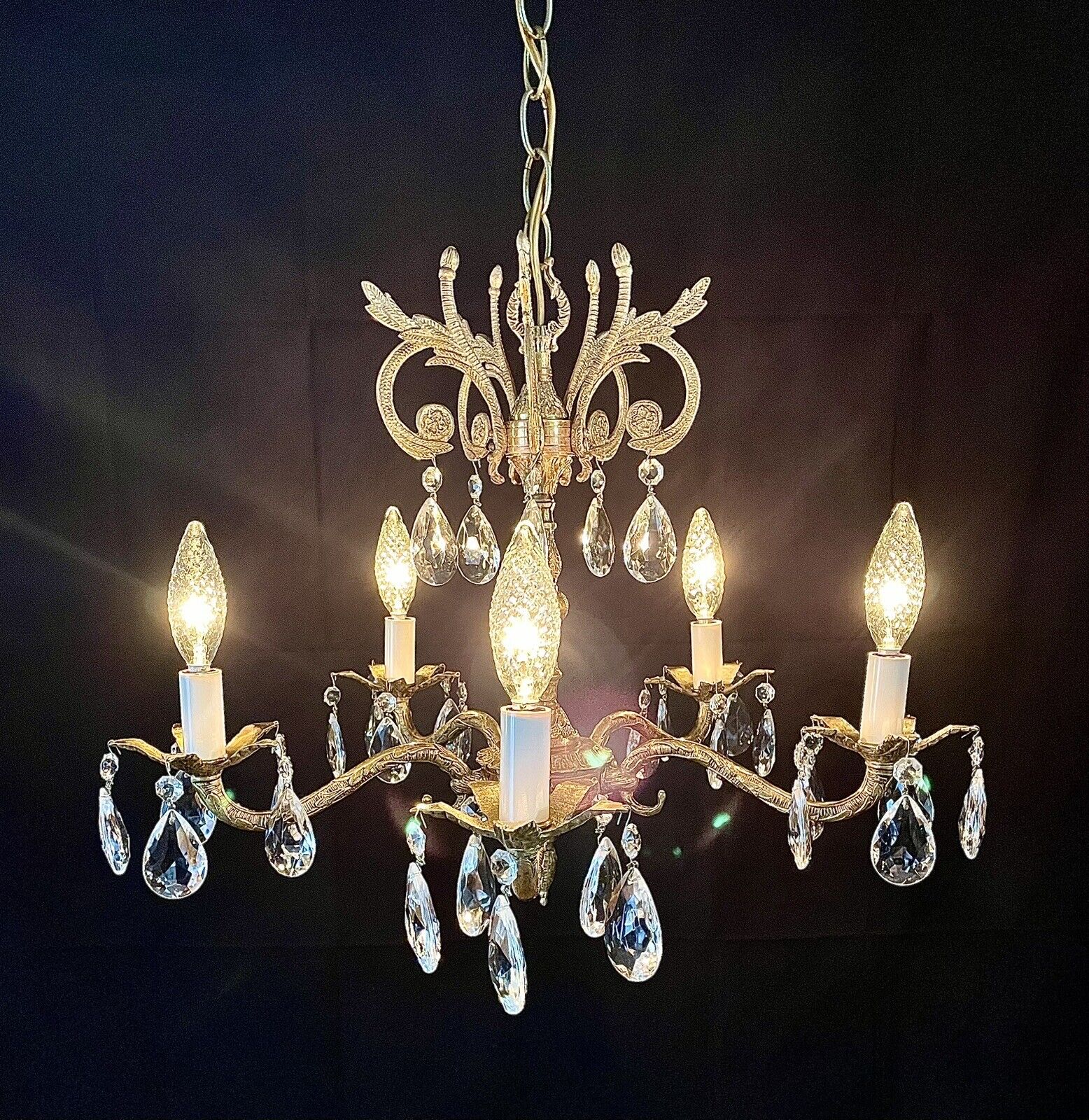 Antique 1930's-50's Victorian Spanish/French Brass Crystal Chandelier Light Vtg