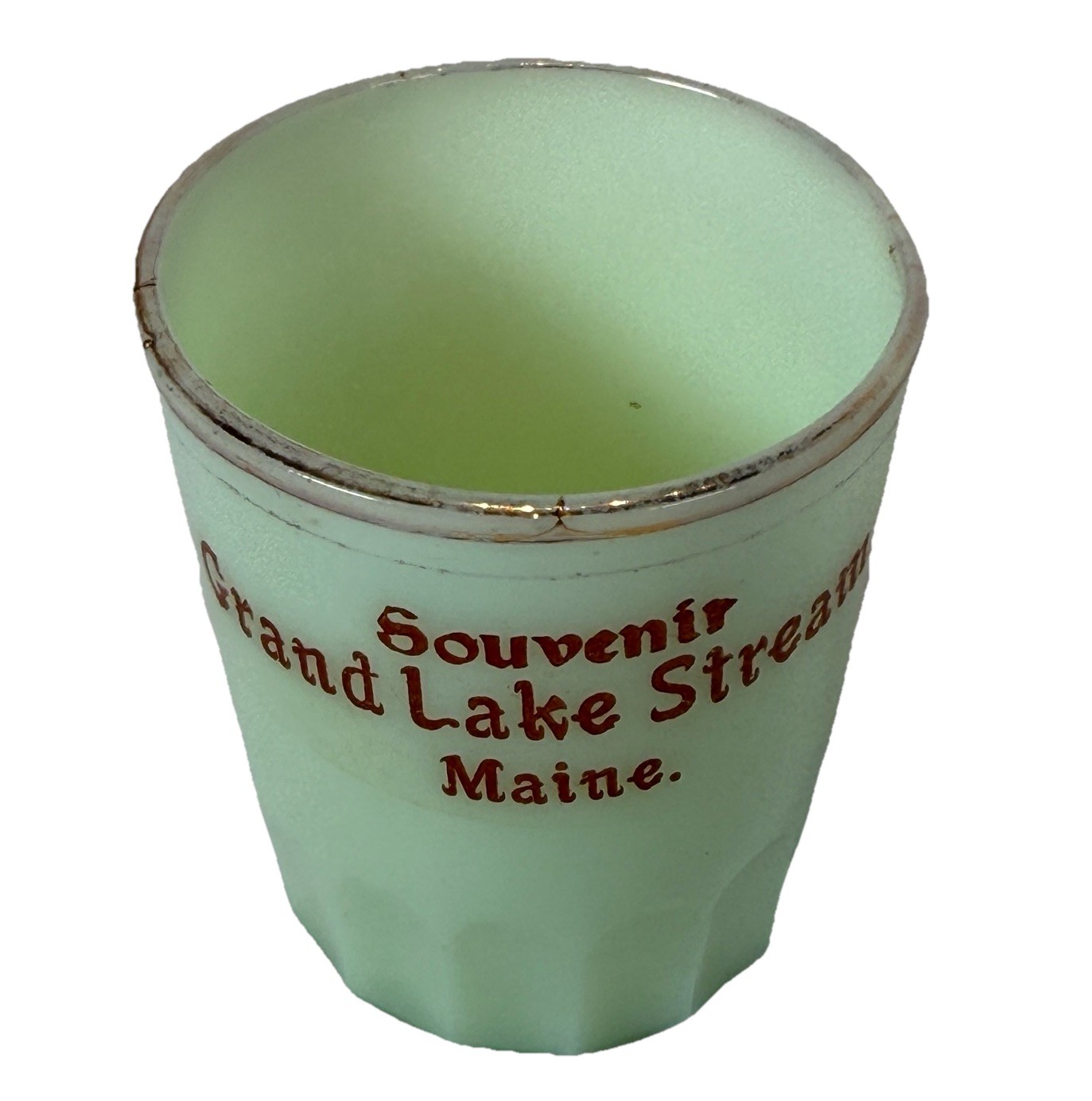 GRAND LAKE , MAINE ME Uranium Antique Green Custard Glass Souvenir Trinket Cup GRAND LAKE , MAINE ME Uranium Antique Green Custard Glass Souvenir Trinket Cup