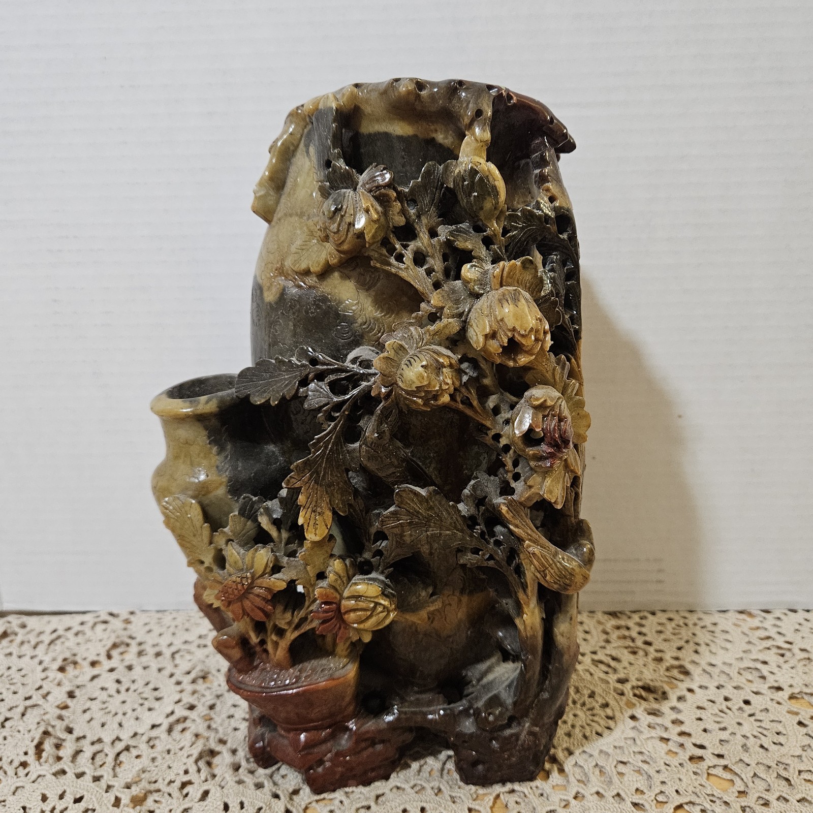 Rare OOAK Vintage Chinese Carved Soapstone Double Vase Floral Sculpture 11” 10Lb