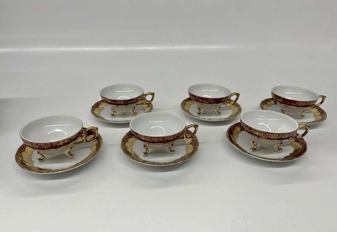 Vintage MTK Tohki Japan Porcelain Tea Set 6 Cups & Saucers Burgundy & Gold Trim