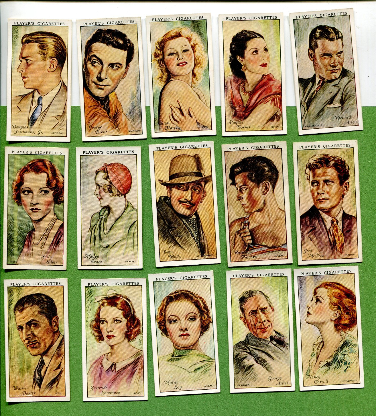 1934 JOHN PLAYER & SONS FILM STARS 1ST SERIES 15 TOBACCO CARD LOT 1934 JOHN PLAYER & SONS FILM STARS 1ST SERIES 15 TOBACCO CARD LOT