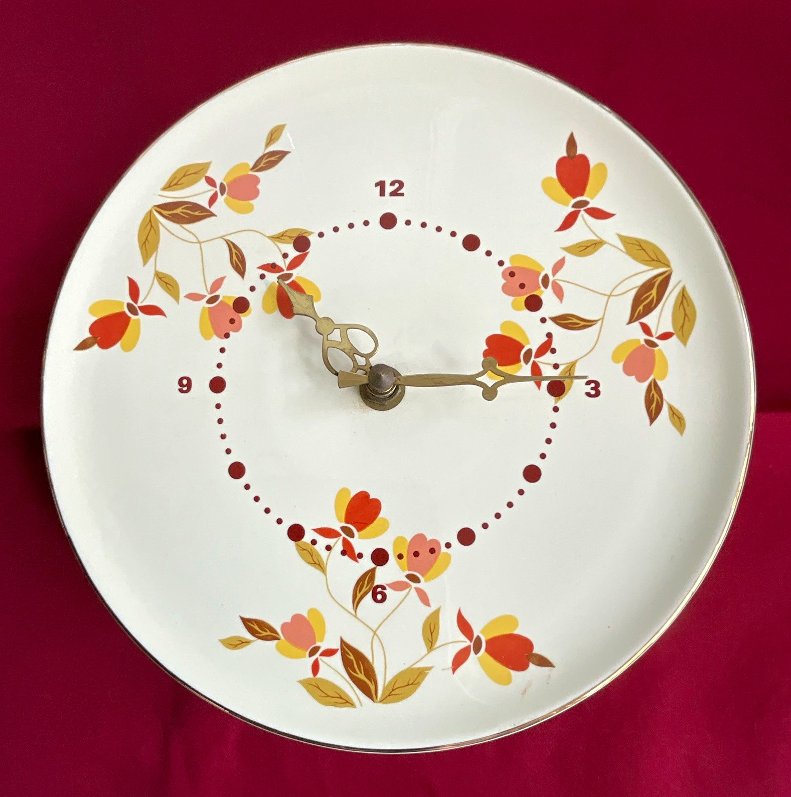 Hall China Autumn Leaf Round Glass Wall Clock Floral Theme White Face Hall China Autumn Leaf Round Glass Wall Clock Floral Theme White Face