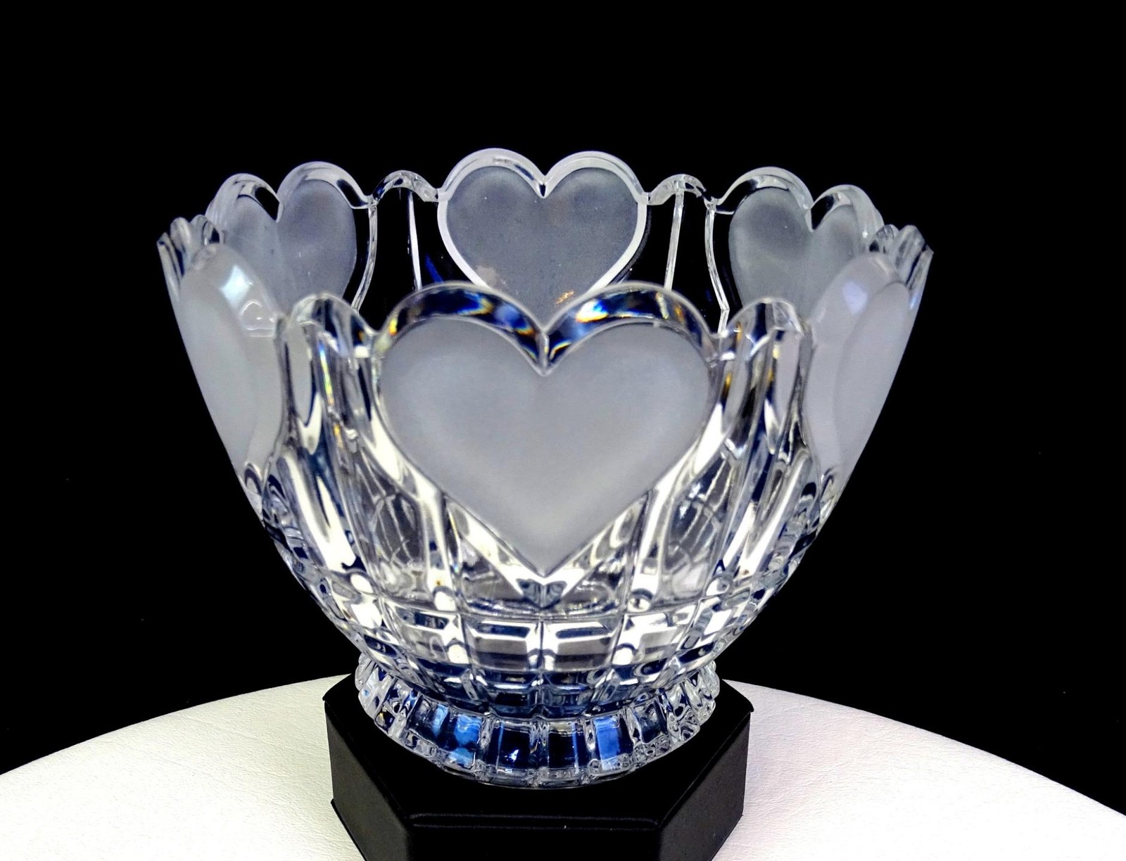 FTDA West Germany Clear Lead Crystal Frosted Hearts & Blocks 4 1/2" Bowl 1986 FTDA West Germany Clear Lead Crystal Frosted Hearts & Blocks 4 1/2" Bowl 1986