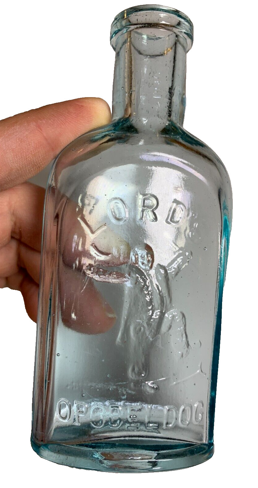 PRISTINE Antique LORD'S OPODELDOC Bottle Embossed Man Breaking Crutches NEW York PRISTINE Antique LORD'S OPODELDOC Bottle Embossed Man Breaking Crutches NEW York