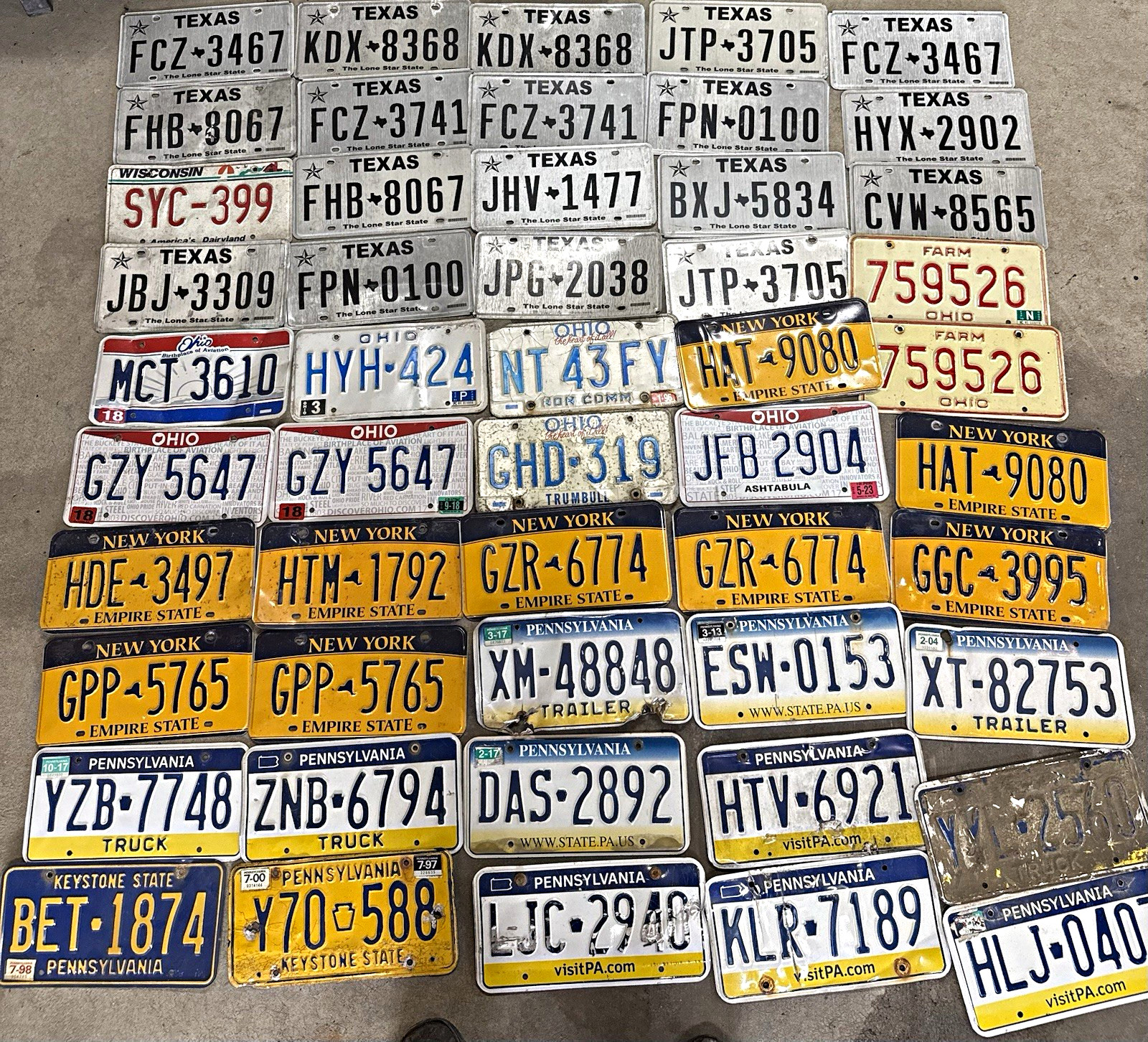 Mixed Lot 50 US License Plates - Texas New York Pennsylvania Ohio Wisconsin