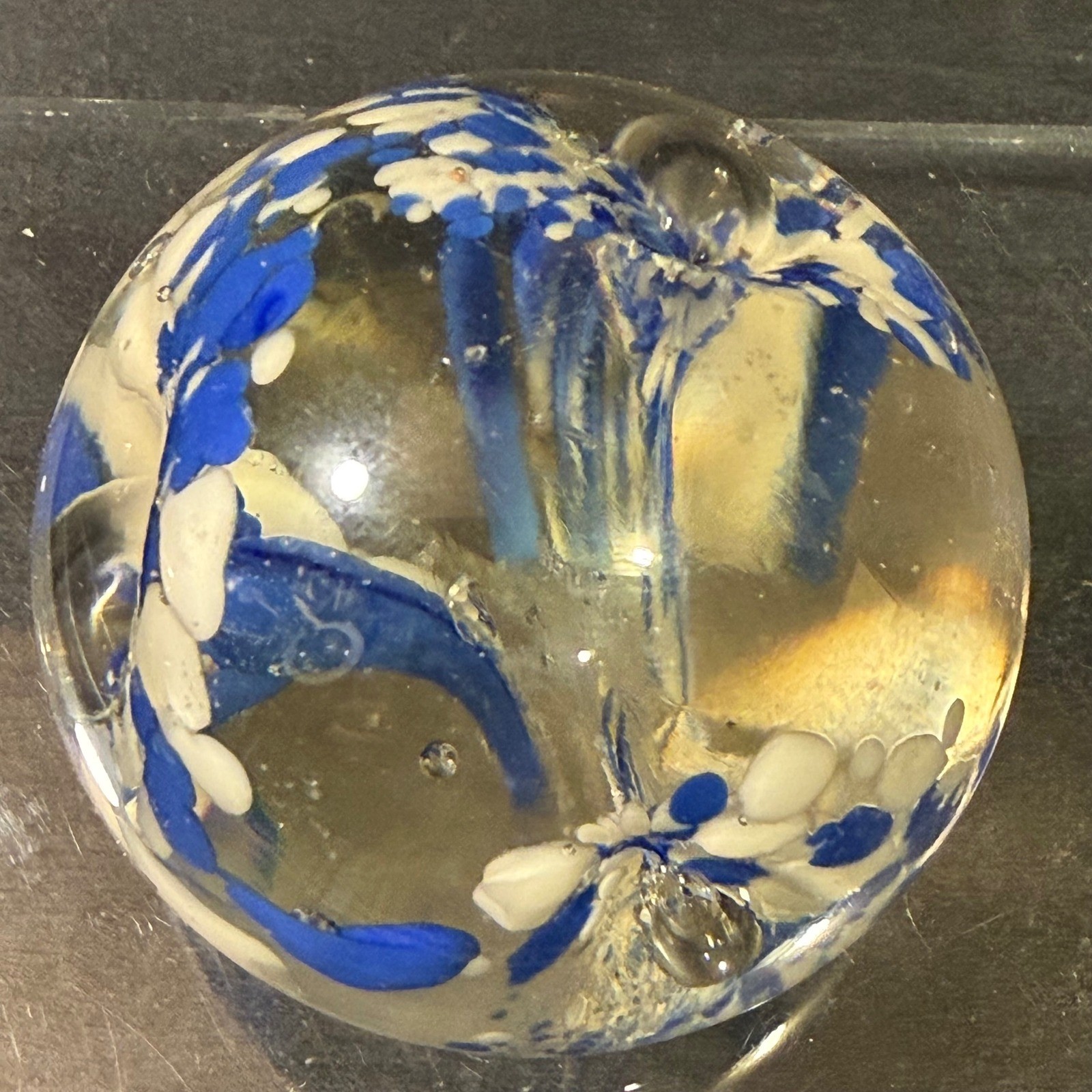 Blue and White Speckled Art Glass Paperweight Sphere with Controlled Bubbles Blue and White Speckled Art Glass Paperweight Sphere with Controlled Bubbles