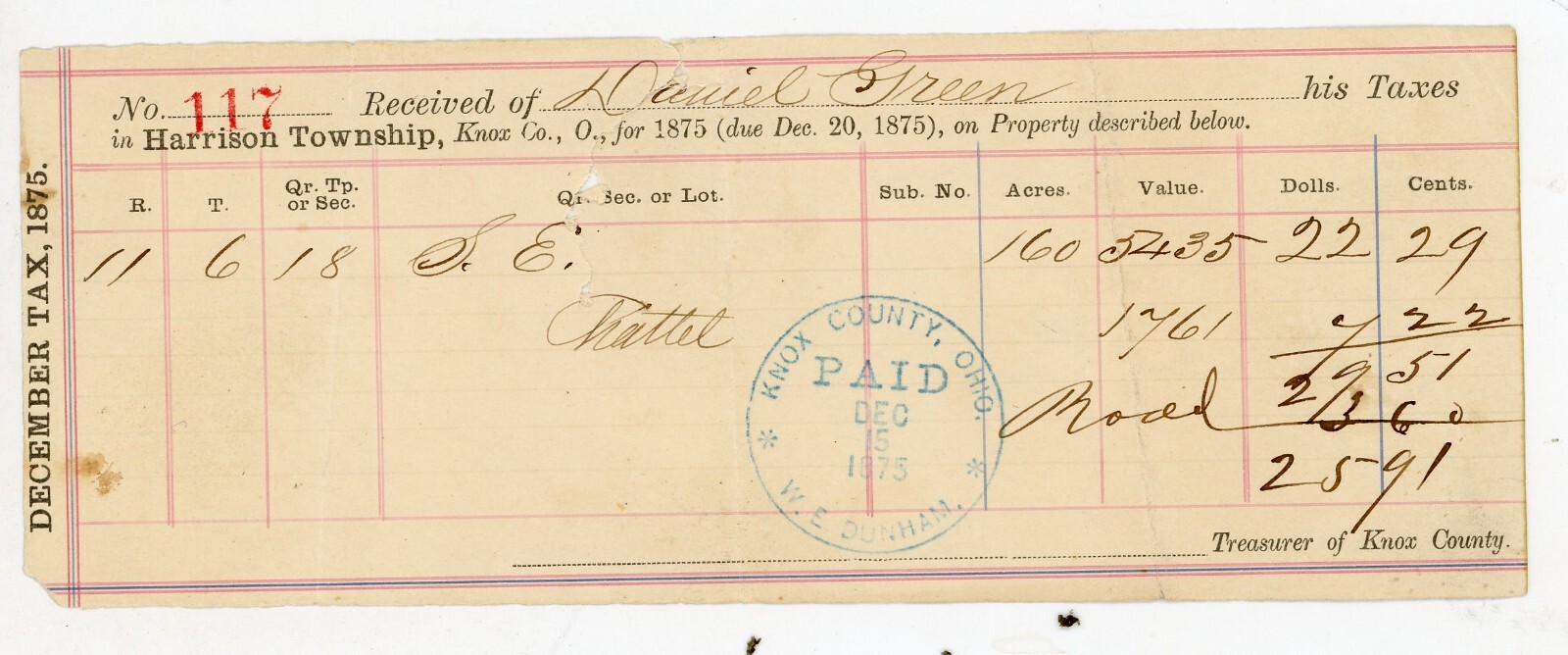 1875 Harrison Township Ohio Tax Receipt for Daniel Green – Knox County Antique