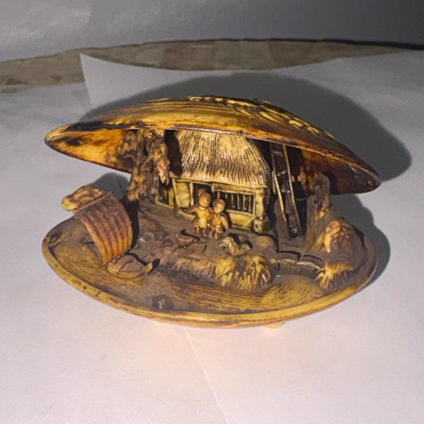 Vintage Japanese Celluloid Clam Shell Dragon Diorama Netsuke Style Miniature Vintage Japanese Celluloid Clam Shell Dragon Diorama Netsuke Style Miniature