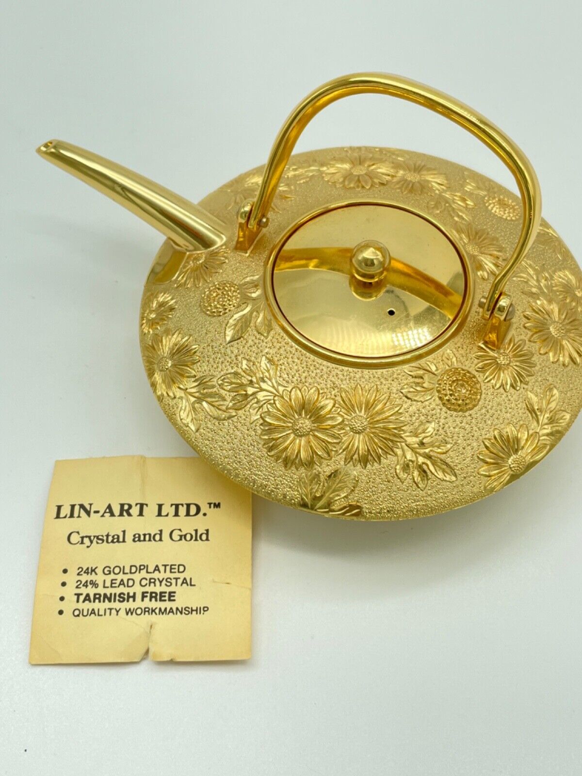 Vtg Lin-Art Ltd 24KGP 24% Lead Crystal Gold Plated Japanese Teapot Floral 6”