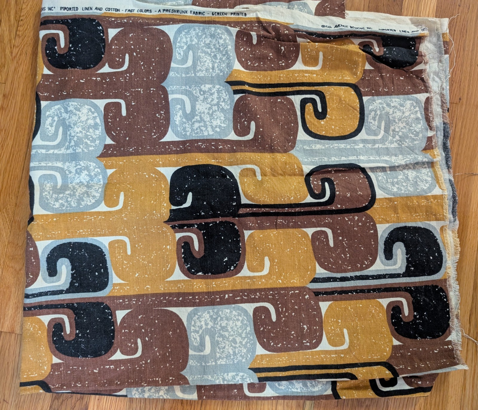 Vtg 5th Avenue Designs Yellow Brown Abstract  Cotton Linen Print Fabric 96"x 46"