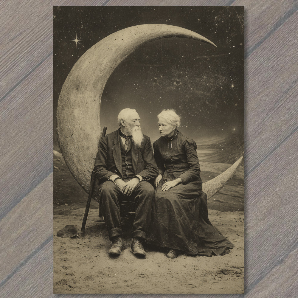 POSTCARD Elderly Couple Crescent Moon Surreal Night Love Timeless Romance POSTCARD Elderly Couple Crescent Moon Surreal Night Love Timeless Romance