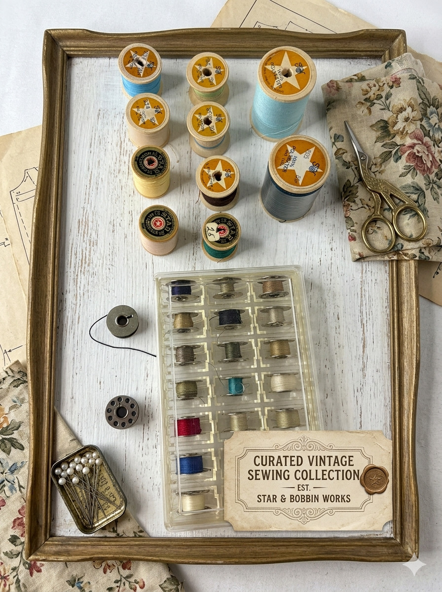 Vintage Star Wooden Thread Spools Lot 10 Spools 23 Metal Bobbins w/ Storage Case Vintage Star Wooden Thread Spools Lot 10 Spools 23 Metal Bobbins w/ Storage Case