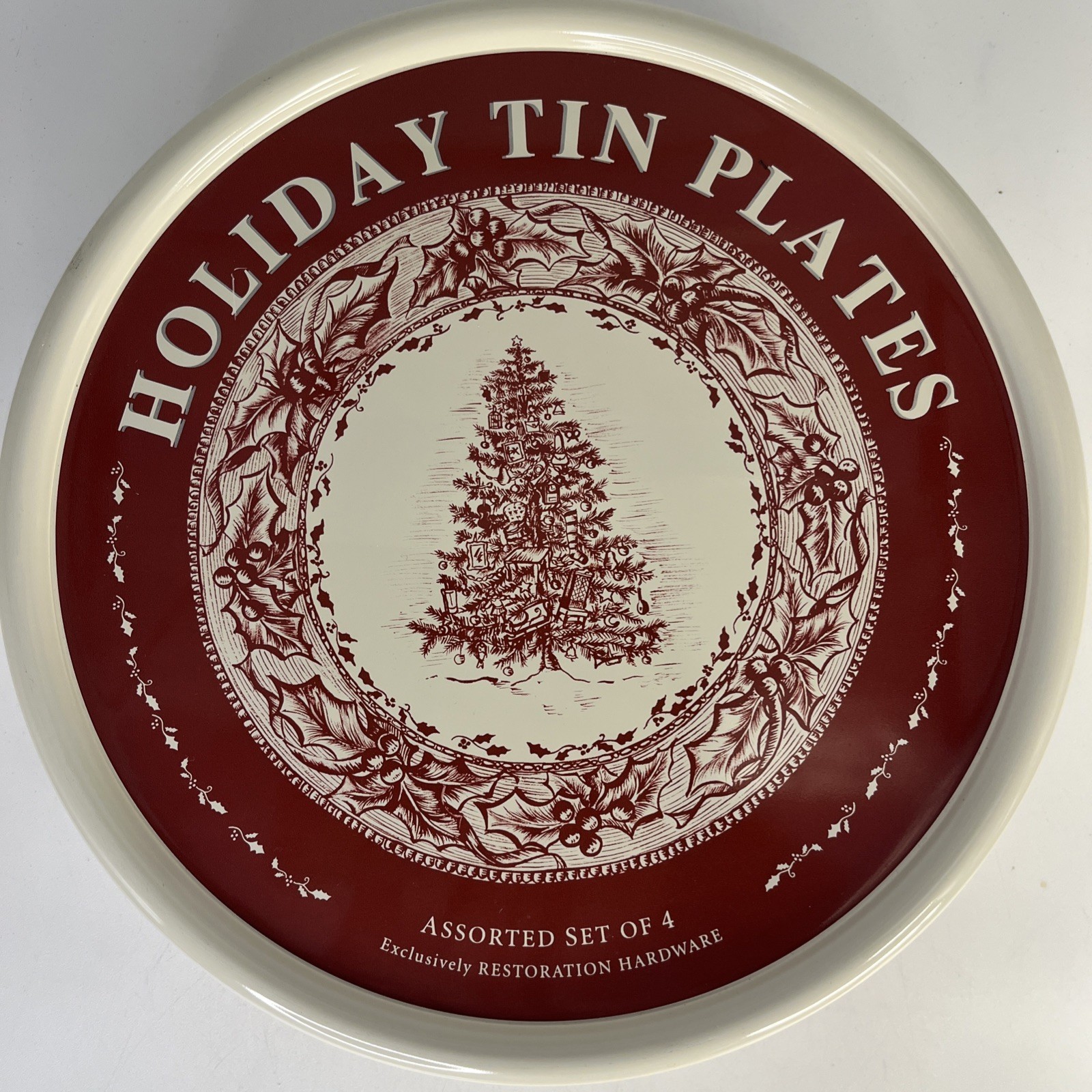 Restoration Hardware Set Of 4 10" Tin Holiday Plates + Container Restoration Hardware Set Of 4 10" Tin Holiday Plates + Container