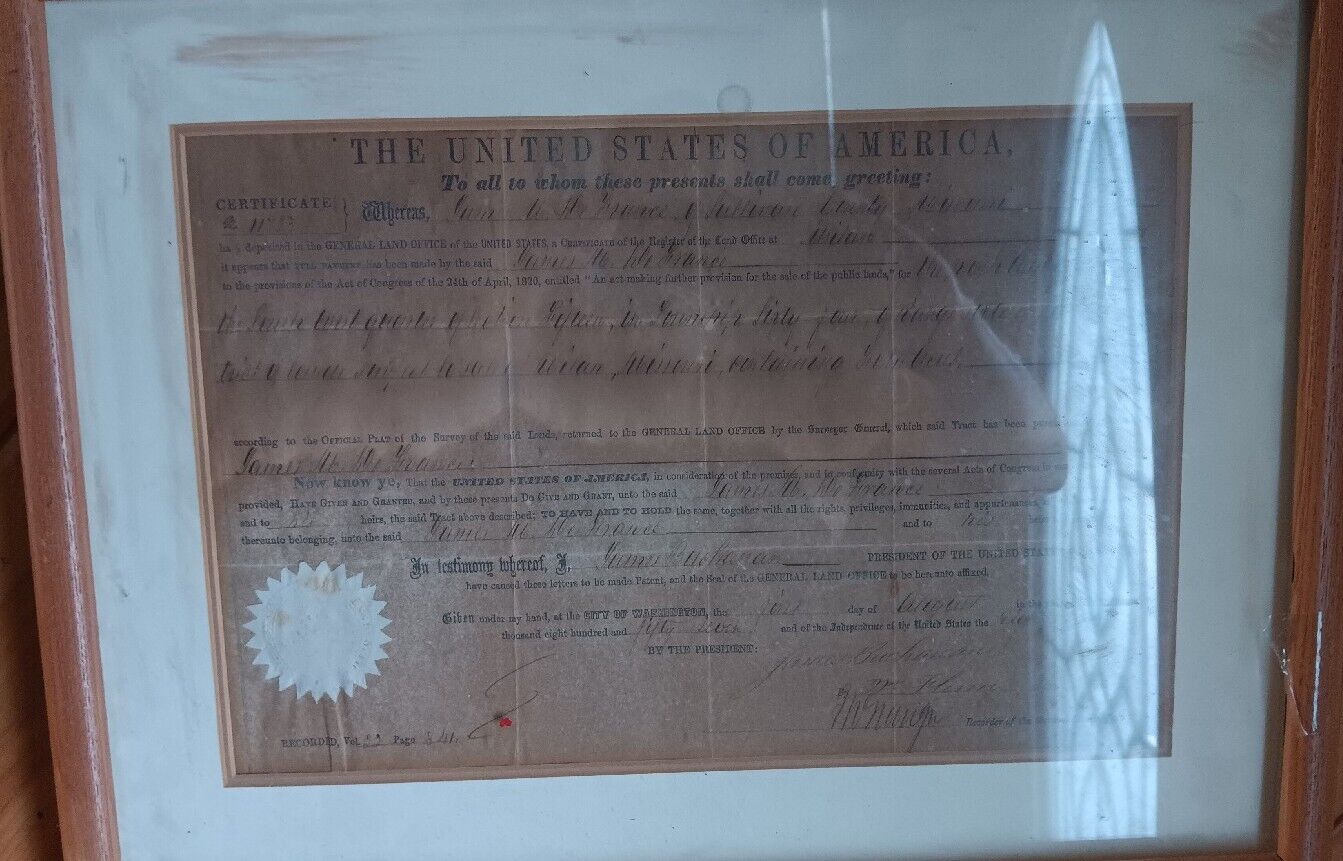 1857 Land Deed From President James Buchanan To James M Defrance