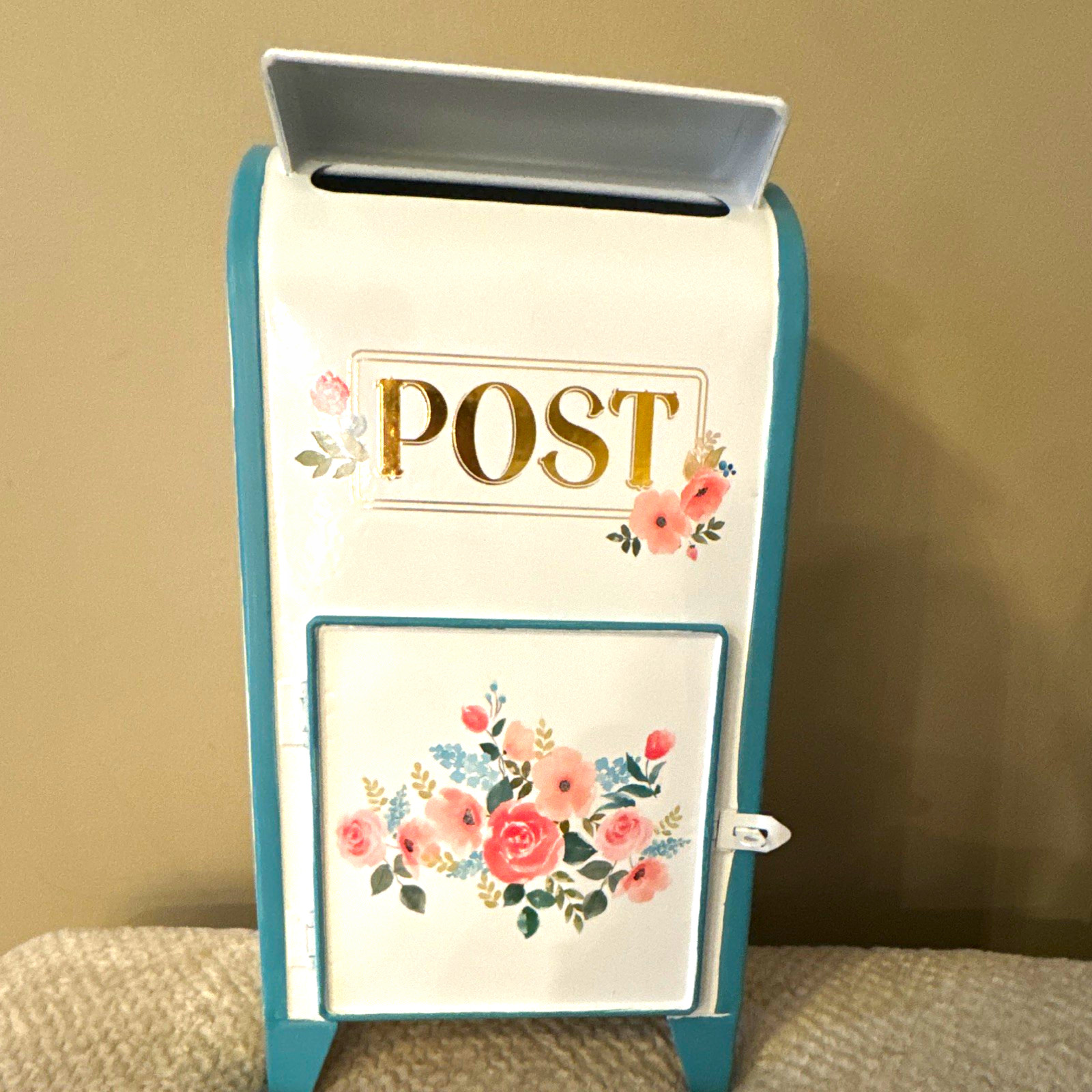 Vintage Metal "POST" Mailbox Holder Hand-Painted Floral White Blue Pink Vintage Metal "POST" Mailbox Holder Hand-Painted Floral White Blue Pink