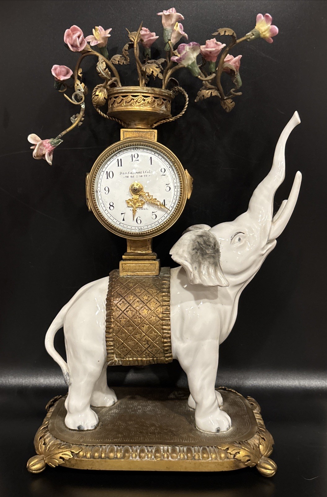 Rare Antique French 13j White Porcelain Elephant Clock For Davis Collamore & Co. Rare Antique French 13j White Porcelain Elephant Clock For Davis Collamore & Co.
