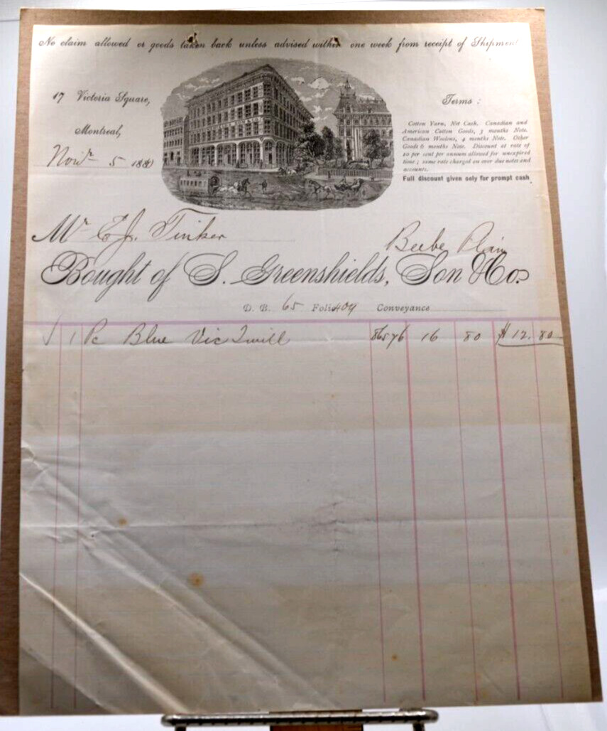 1880 S. Greenshields, Son & Co. Montreal, Canada Original Invoice Ephemera Good 1880 S. Greenshields, Son & Co. Montreal, Canada Original Invoice Ephemera Good