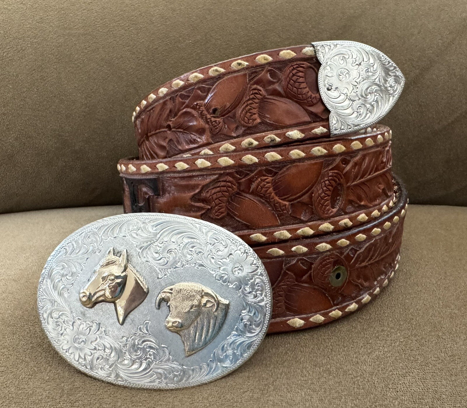 VTG Schaezlein For Shoup Sterling Silver Gold Cow & Horse Belt Buckle & Tip Set VTG Schaezlein For Shoup Sterling Silver Gold Cow & Horse Belt Buckle & Tip Set