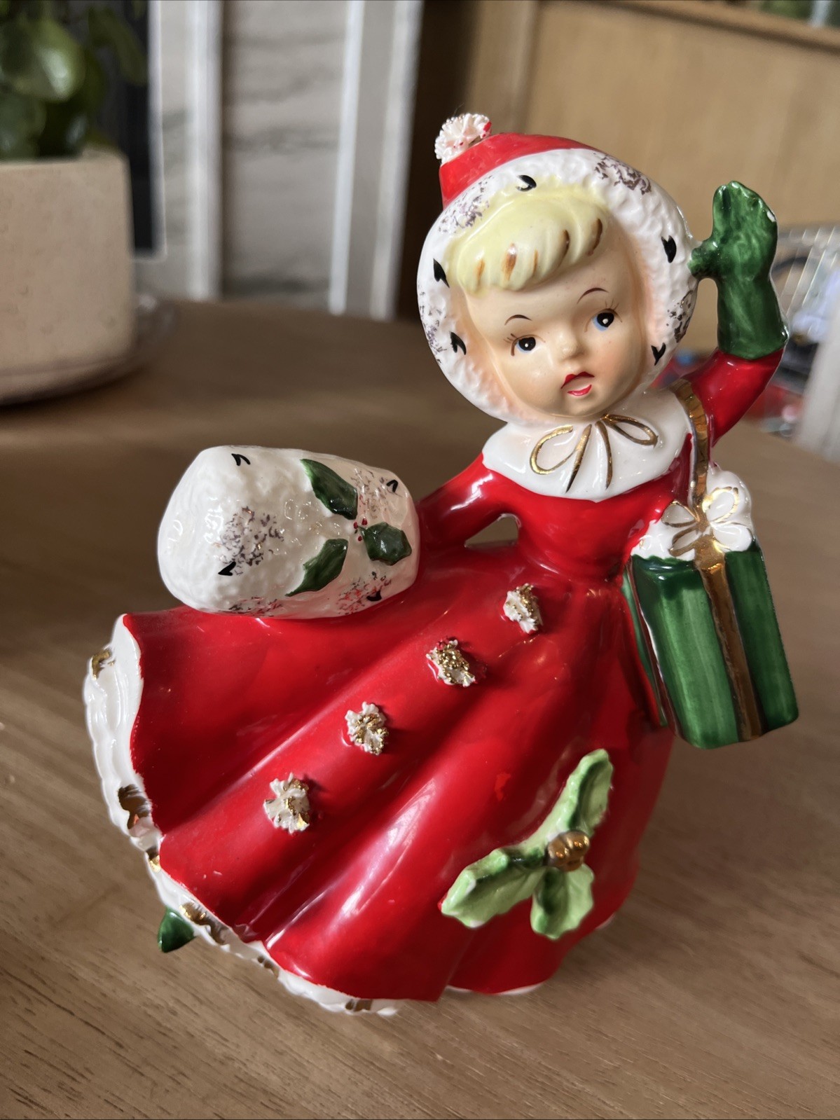 Vintage Relpo A-1484 Christmas Shopper Girl Ceramic Planter Spaghetti Trim Japan Vintage Relpo A-1484 Christmas Shopper Girl Ceramic Planter Spaghetti Trim Japan