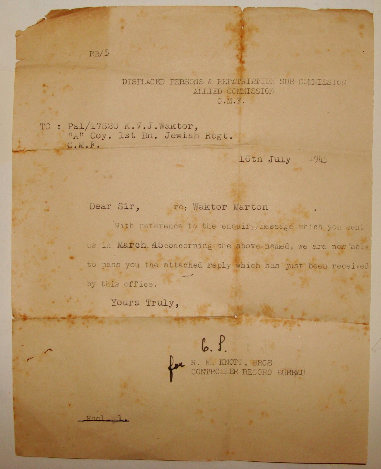 Letter Jewish 1945 WWII Brigade British Army Military Displaced Persons MARTON Letter Jewish 1945 WWII Brigade British Army Military Displaced Persons MARTON