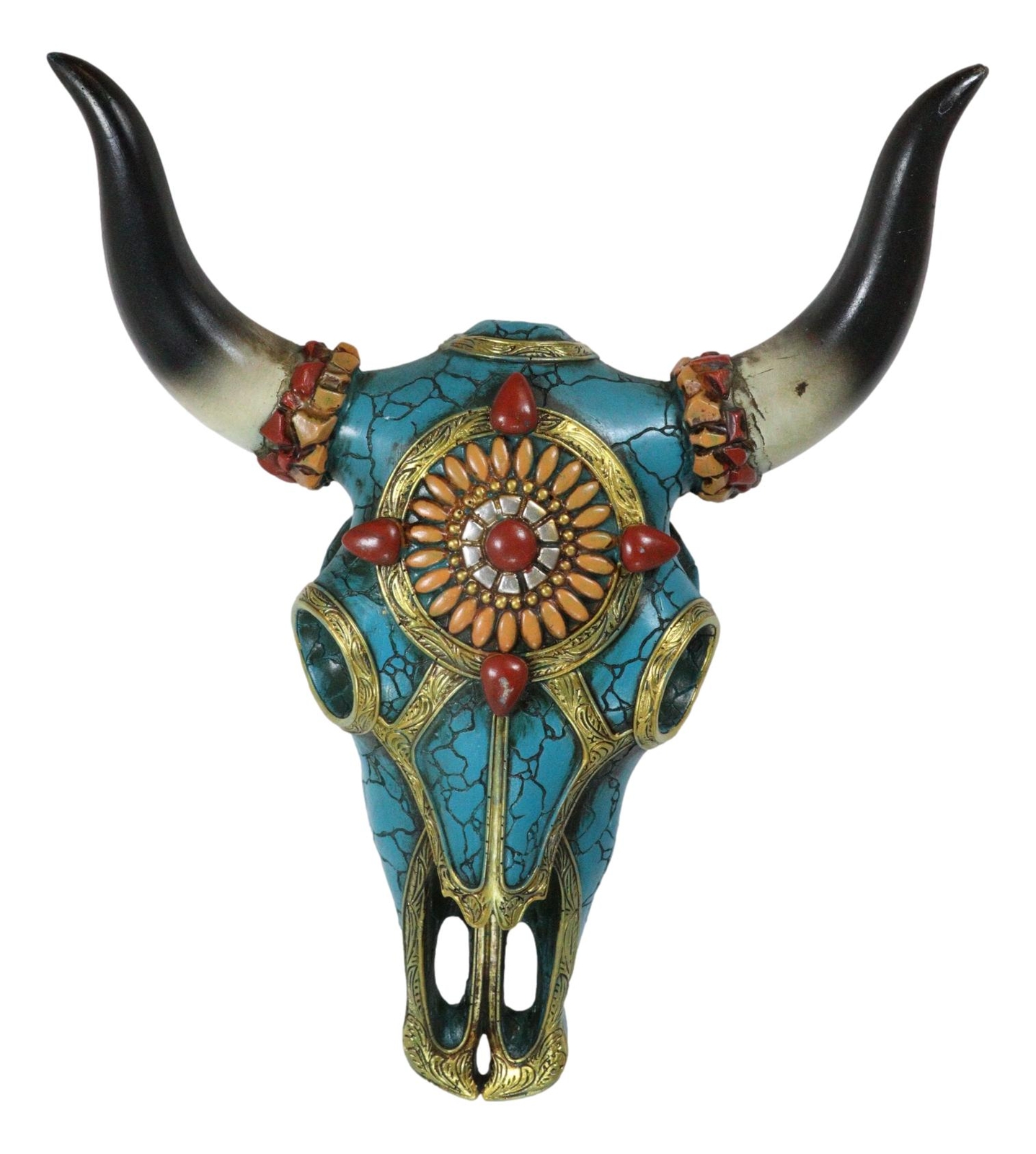 Southwest Steer Bison Cow Aztec Sun Gold And Turquoise Mosaic Skull Wall Decor