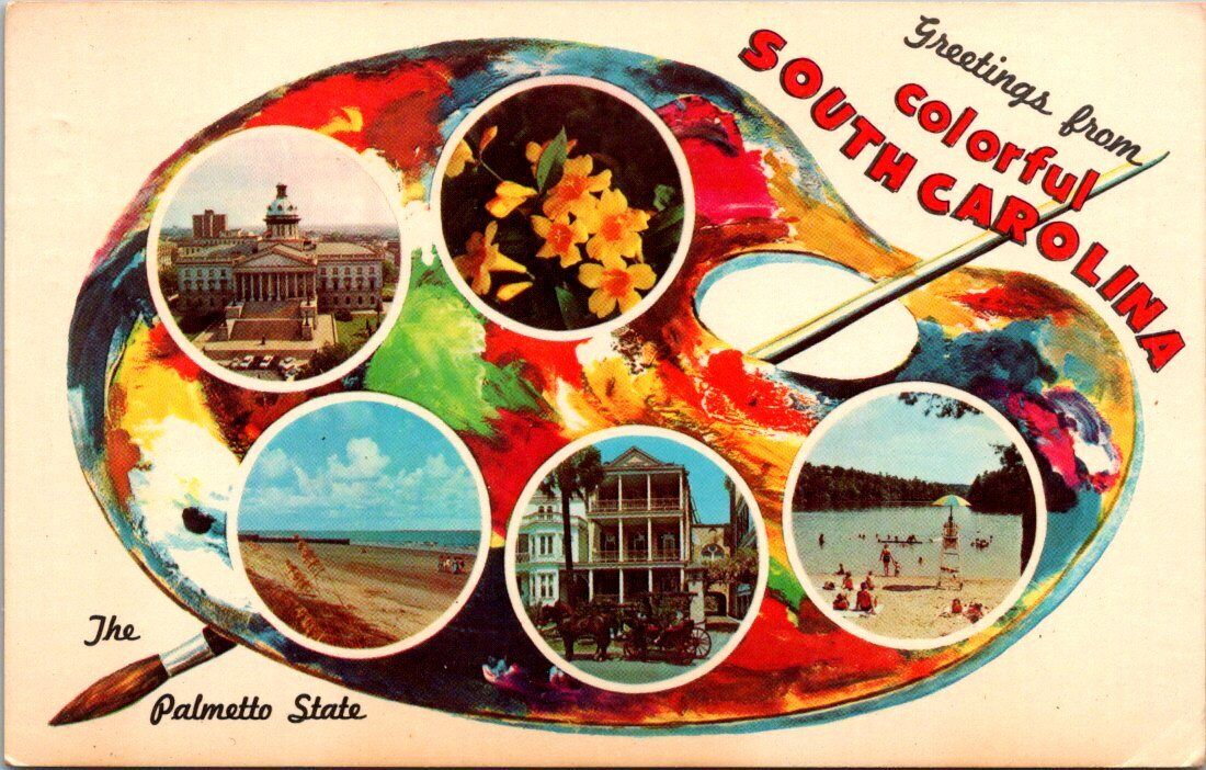 S Carolina Greetings \'63 Artist Palette Brush Dual View Beach Capital Postcard 