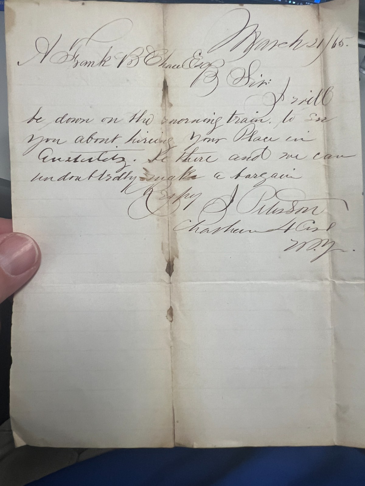 1865 "Down on the Morning Train" Signed J. Peterson Fancy Script Letter