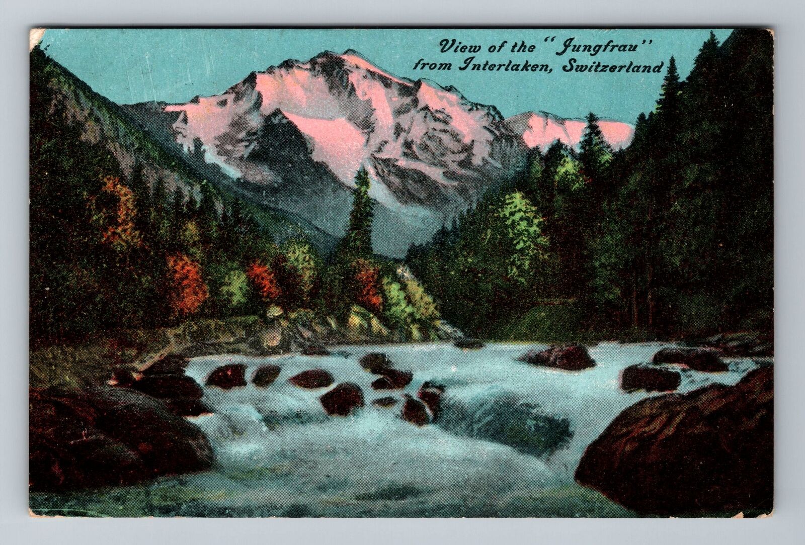 Switzerland-View the Jungfrau from Interlaken River Mountain Vintage Postcard