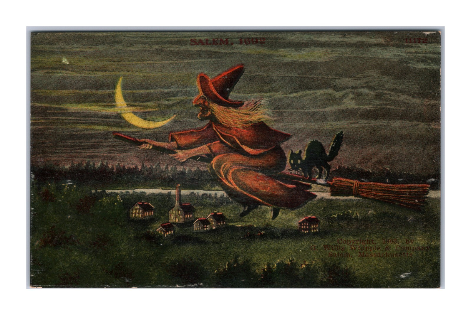 Antique Postcard Halloween Red Witch Broom Black Cat Salem MA 1692 Bosselman NY Antique Postcard Halloween Red Witch Broom Black Cat Salem MA 1692 Bosselman NY