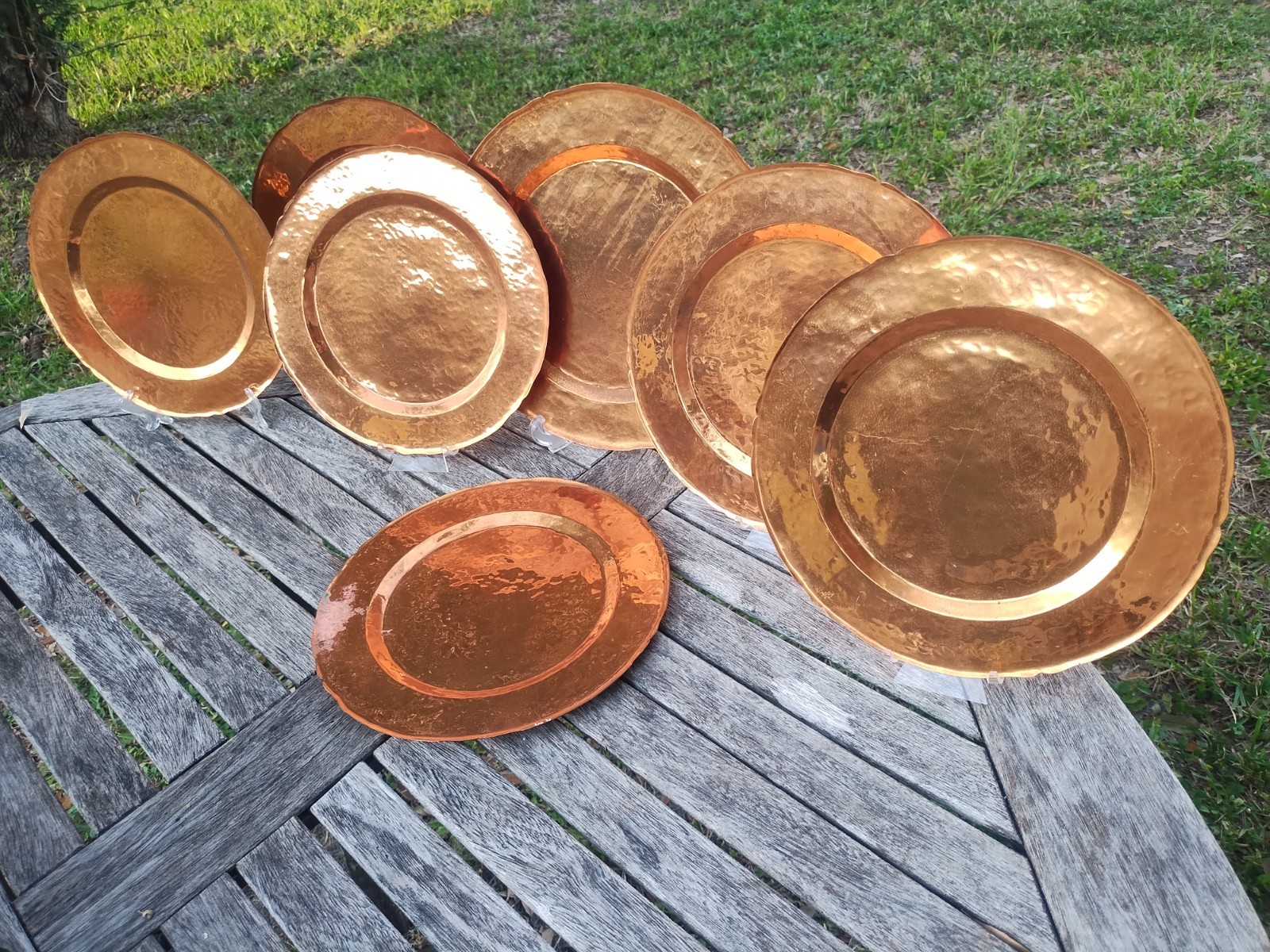 7 Signed Vintage Hammered Copper Wall Plates Made in Chile~Queen Anna Edge