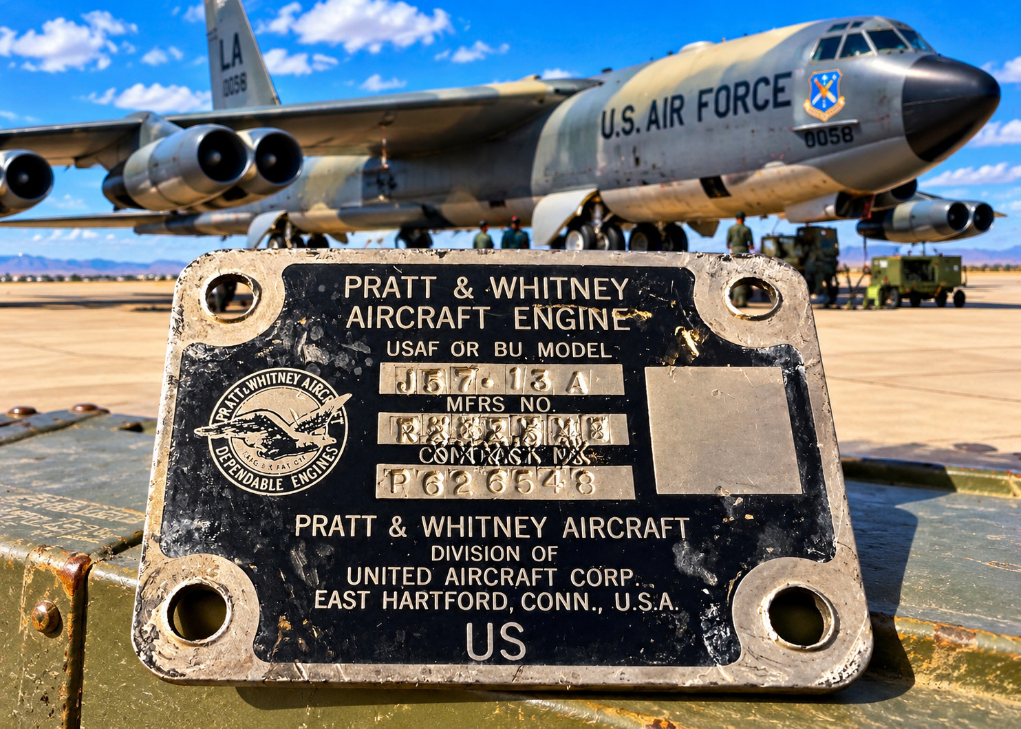 PRATT & WHITNEY J-57 TURBO JET ENGINE DATA PLATE- B-52 PRATT & WHITNEY J-57 TURBO JET ENGINE DATA PLATE- B-52