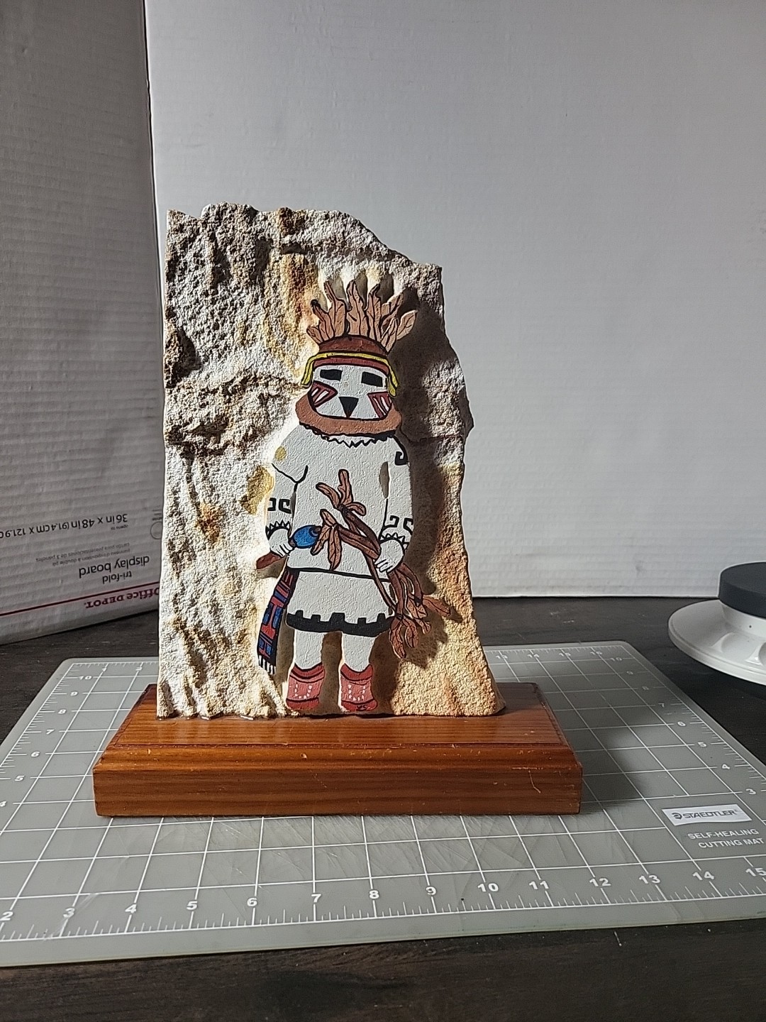 Colorful Hopi Kachina Painting On Stone Wood Mount 