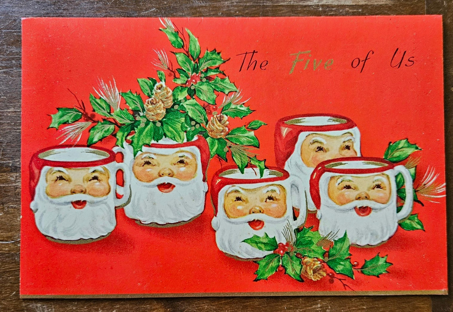 Vtg Christmas Greeting Card The Five of Us Santa Mug Faces Sunshine Card