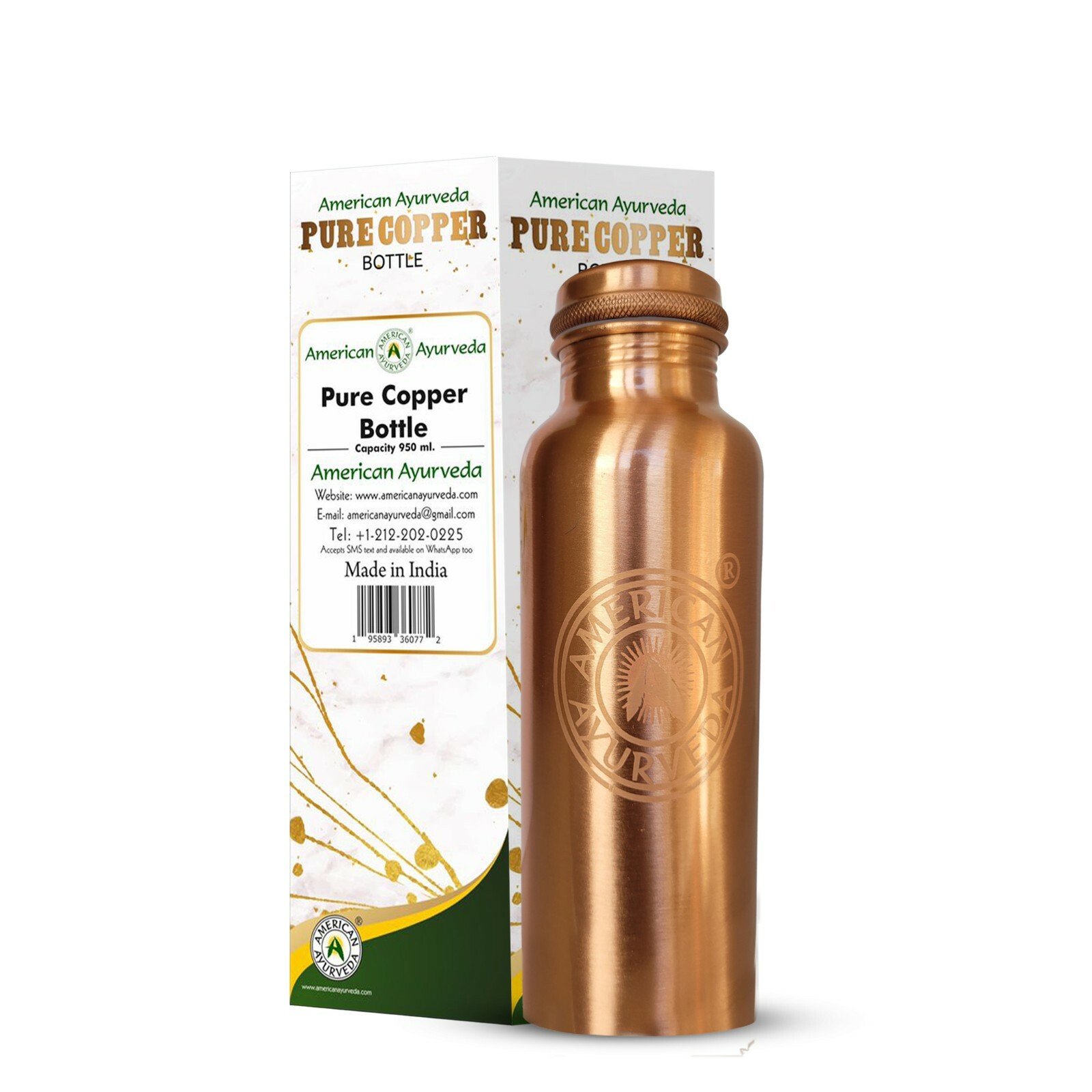 Pure Copper Bottle Water 600ml 20Oz Joint Free BPA Free Lead-Free Yoga Health