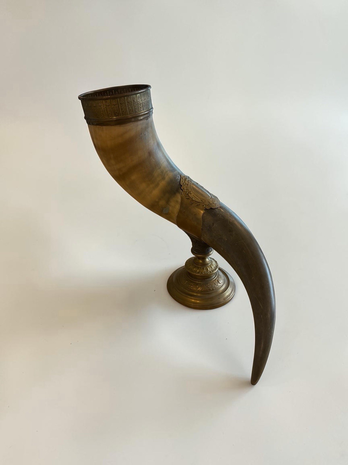 XL Antique 1894 Scandinavian Swedish Presentation Drinking Horn Brass Mounted XL Antique 1894 Scandinavian Swedish Presentation Drinking Horn Brass Mounted