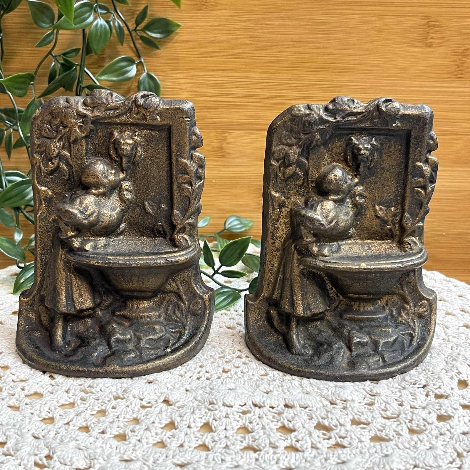Antique Art Nouveau Cast Iron Bookends Girl at Fountain Lion Bronzed Heavy Pair Antique Art Nouveau Cast Iron Bookends Girl at Fountain Lion Bronzed Heavy Pair