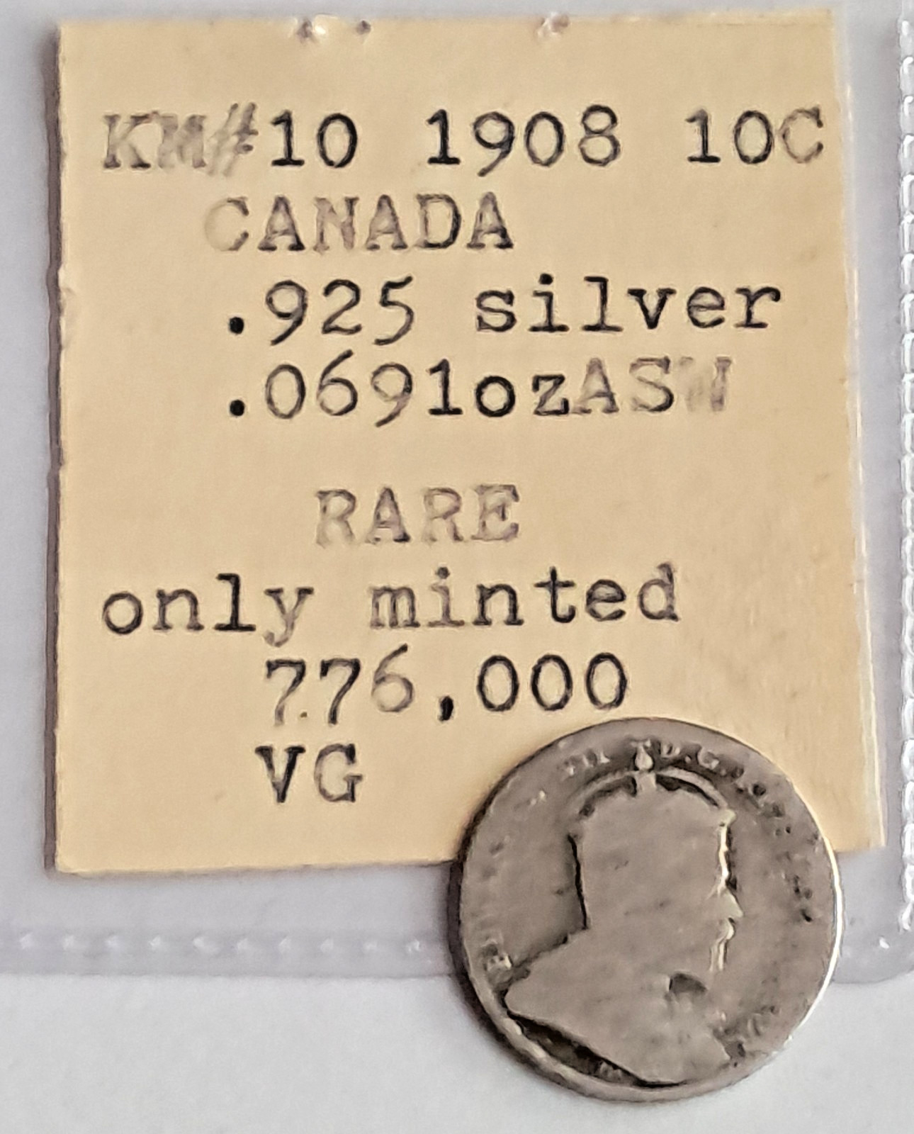 KM#10 - 1908 10 cents Canada .925 silver coin only 776K minted KM#10 - 1908 10 cents Canada .925 silver coin only 776K minted