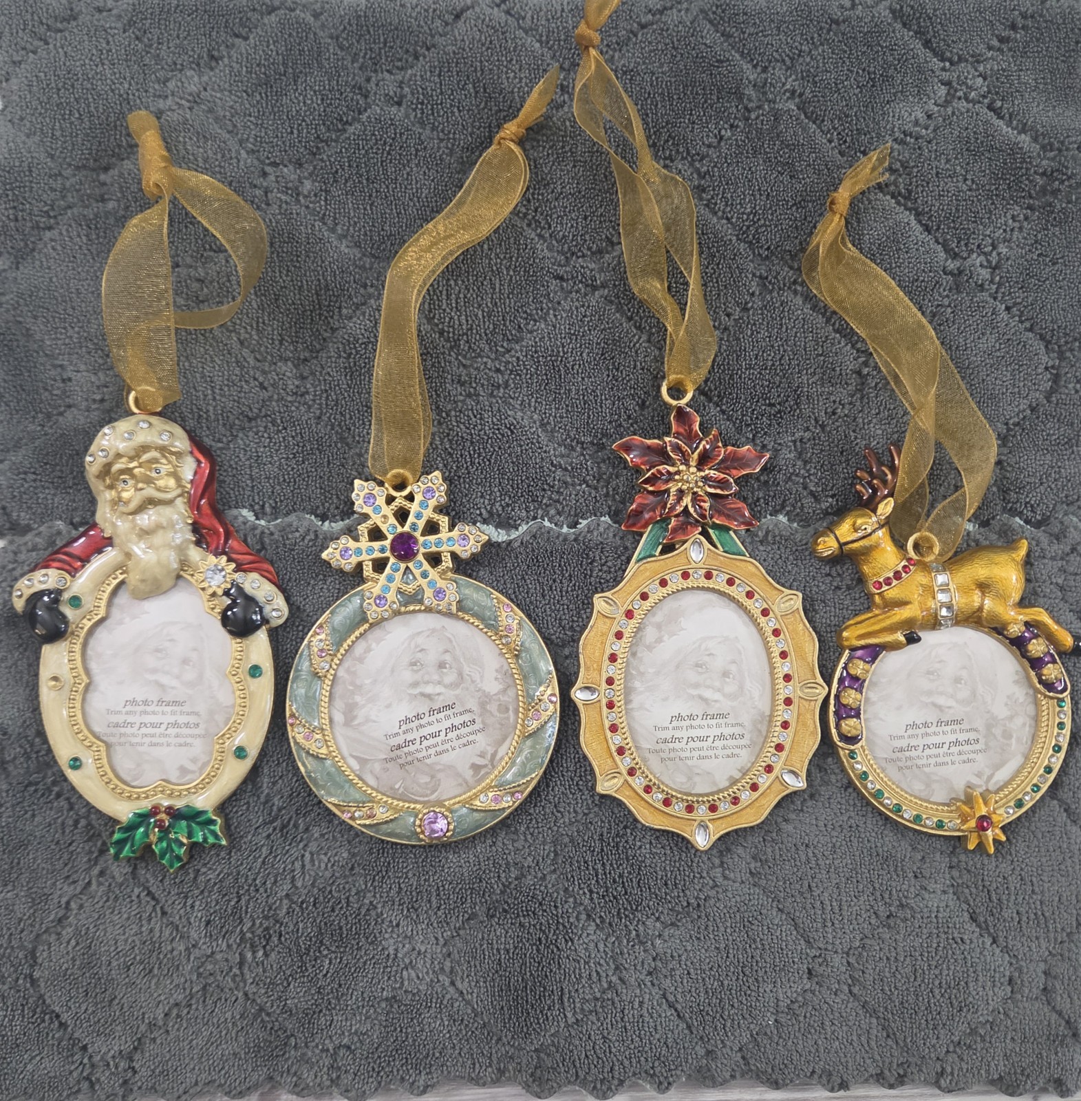 NOS Vtg Enamel Metal Jeweled Picture frame Christmas Ornaments Lot of 4 Boxes NOS Vtg Enamel Metal Jeweled Picture frame Christmas Ornaments Lot of 4 Boxes